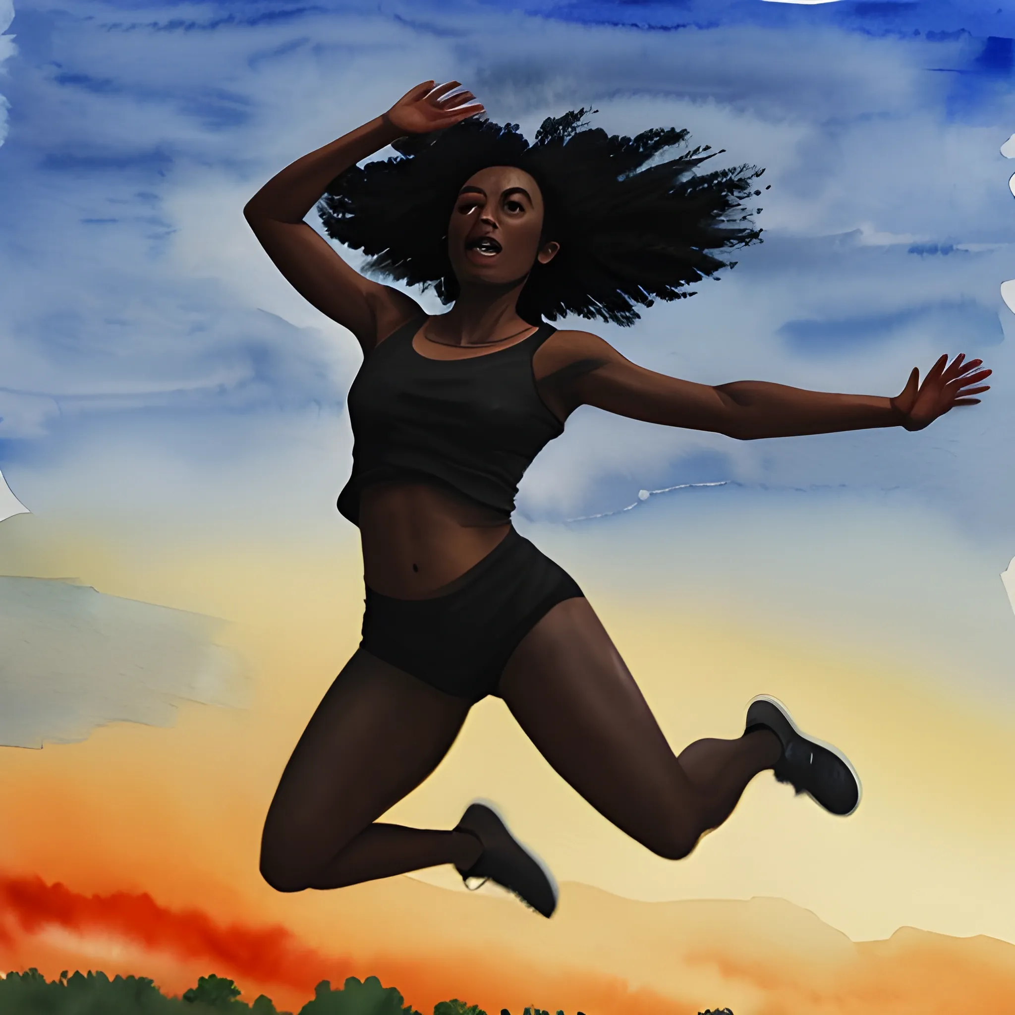 a black women jumping into the air, early morning against a ruddy sky , back towards the viewer, 4k watercolour, 