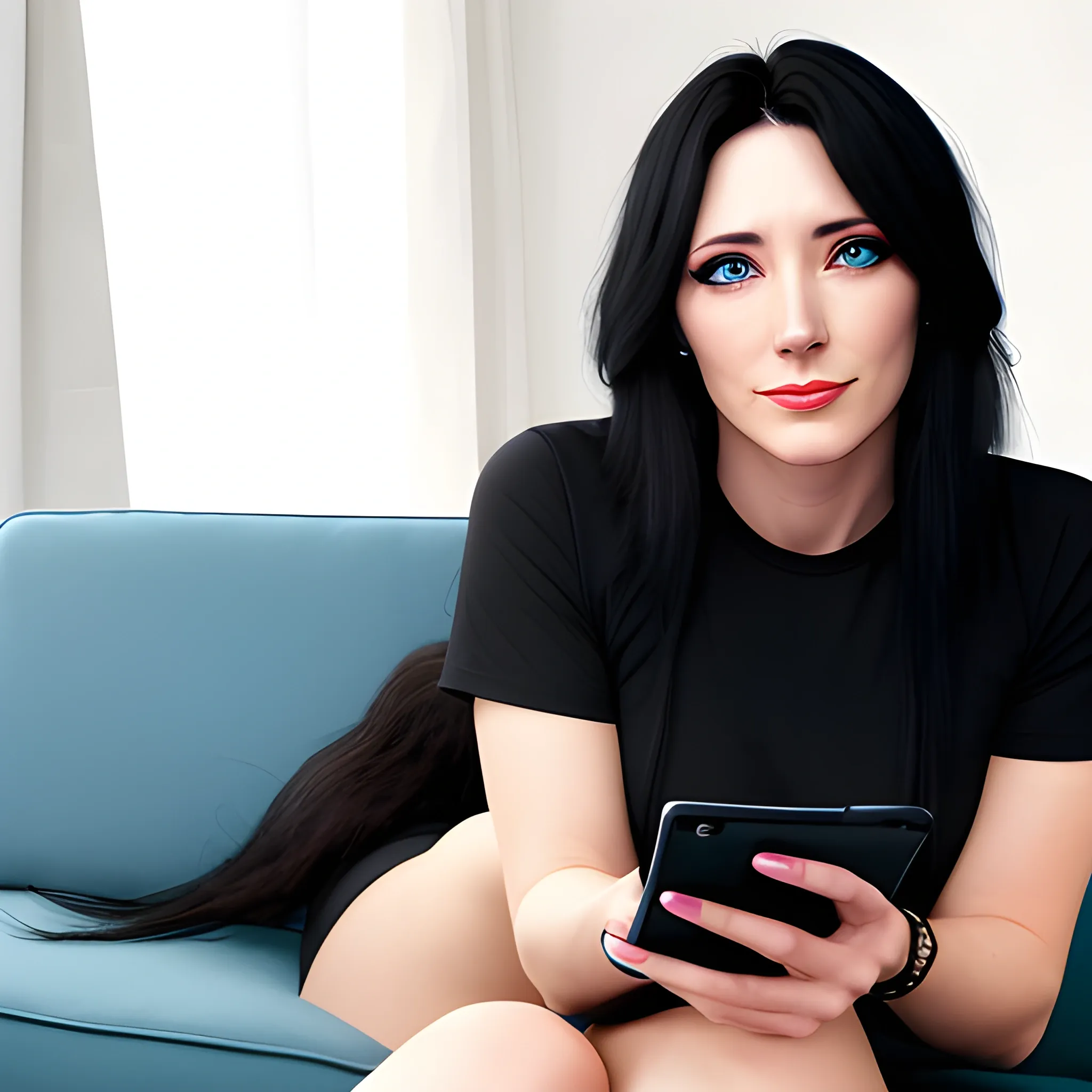 A girl lies on a sofa. Right leg on the left and smartphone on the right hand, black long hair, light blue t-shirt and black short - Open Eyes 