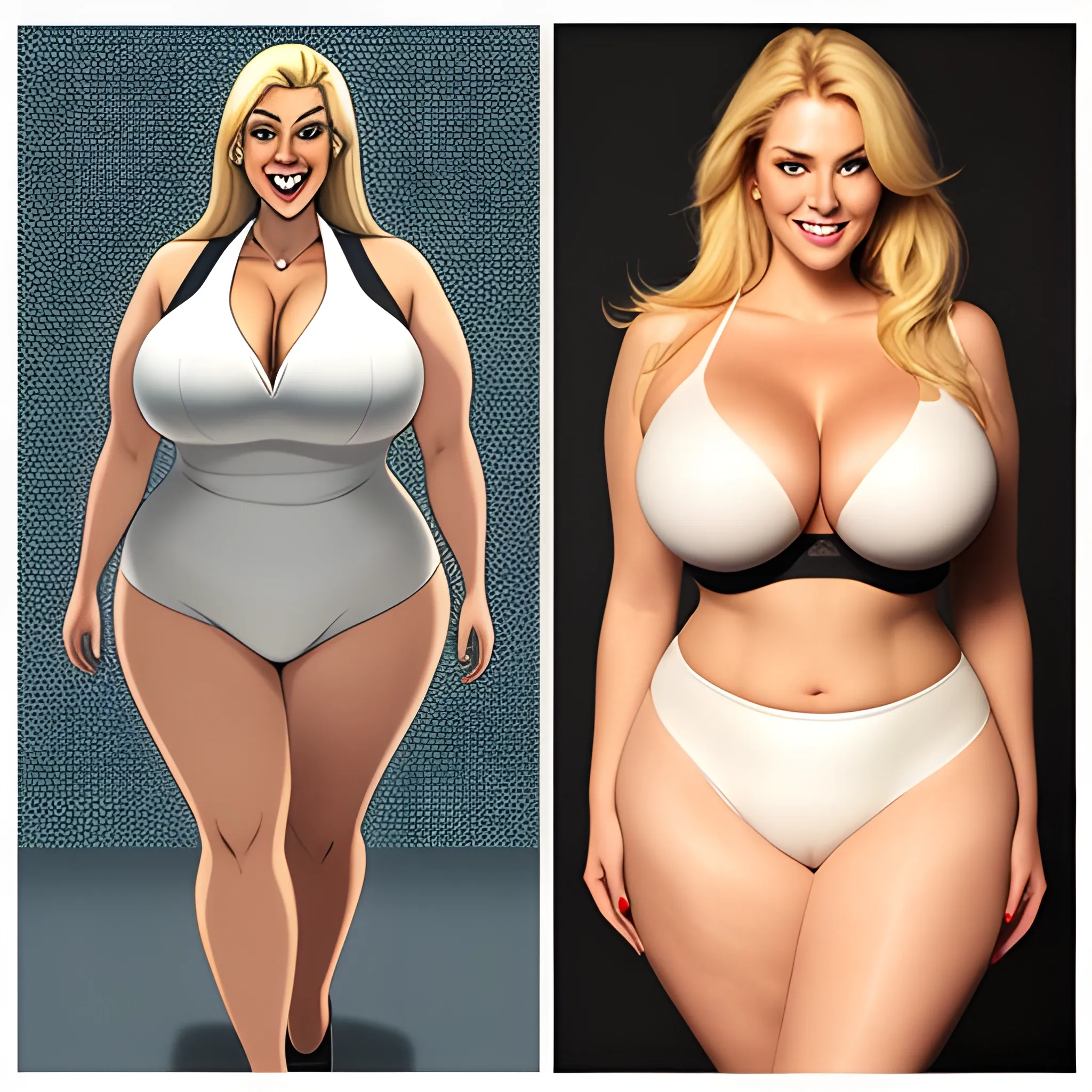 large and tall blonde plus size girl with small head, broad shou 