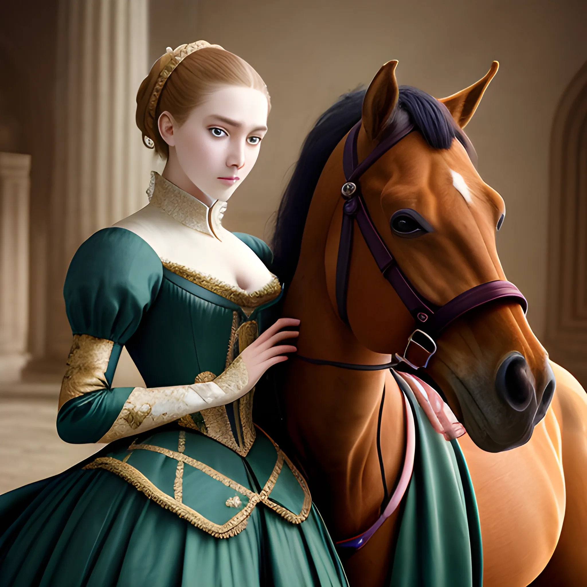 Beauty and horse, wearing court aristocratic costumes, with melancholy eyes, high-definition photography blockbuster, Cartoon