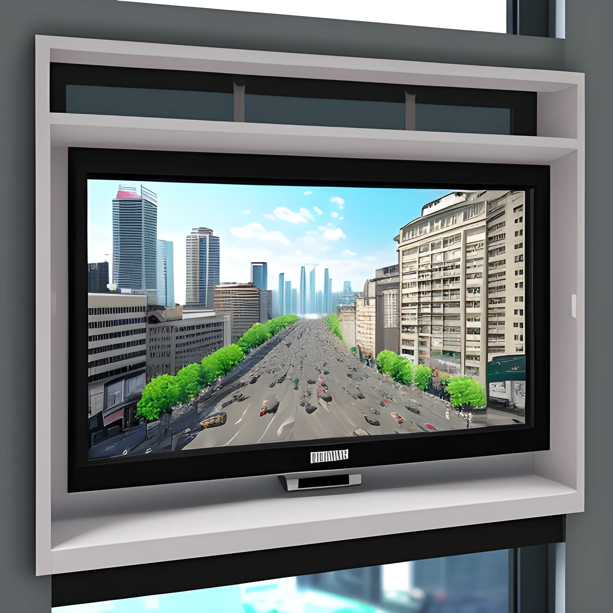 It is placed on a base. The image of a busy city street with pedestrians and vehicles can be seen on the TV screen. From the window of the room, the view of the busy city street can be seen. with the difference that in the window, the street is real, and in the TV it is a fake and assembled image.

In this way, there is corruption in the TV picture but it is visible in the reality window, 3D