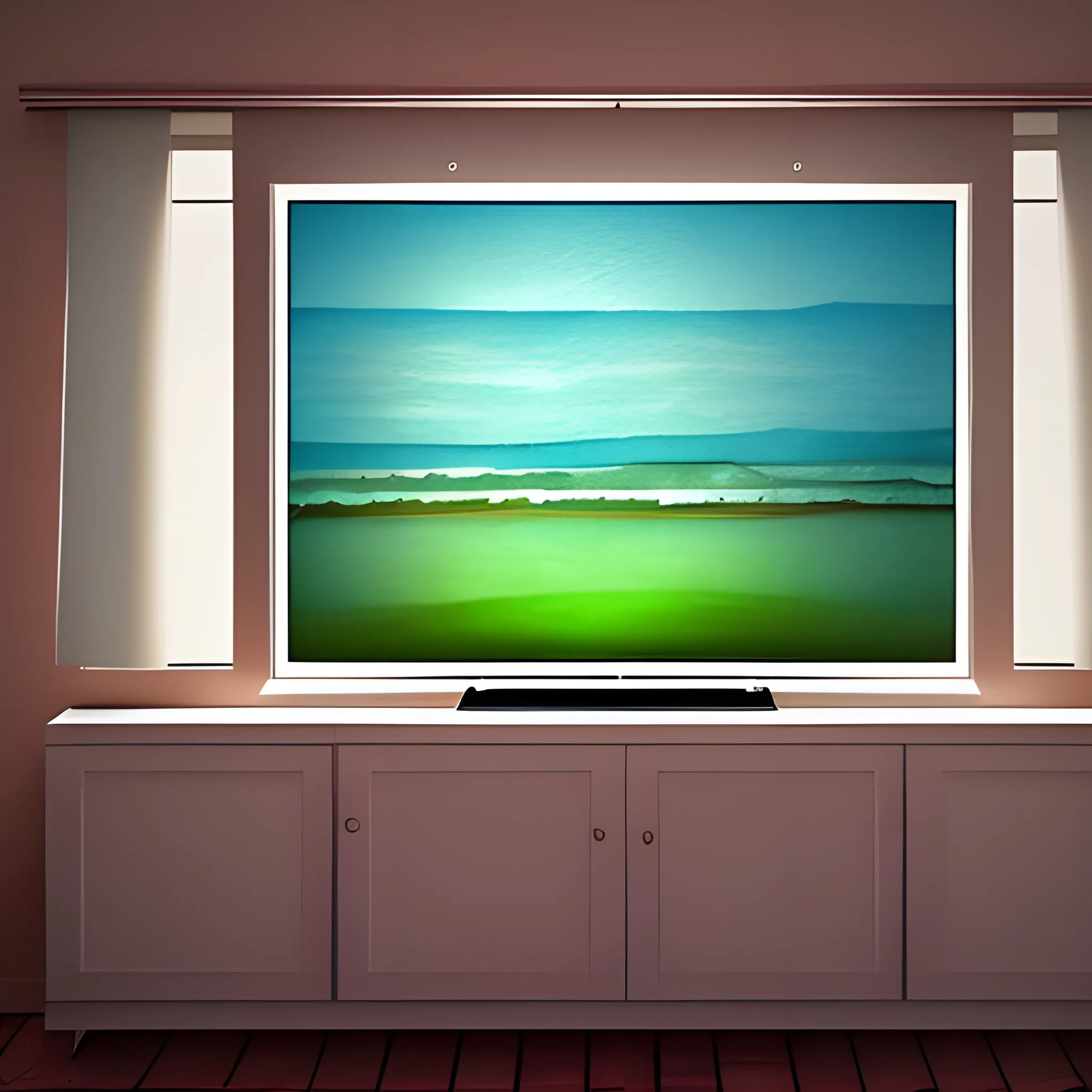 A TV in a room where the room has a window behind the TV, Water Color, 3D