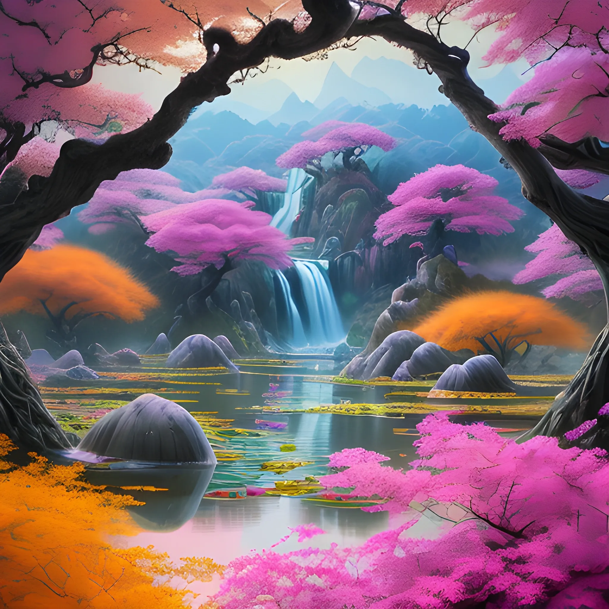 (by Ananta Mandal (and Andrew Biraj:0.5)), (in the style of nihonga), Style: Abstract, Medium: Digital illustration, Subject: A Guanshiyin Pusa in the middle of picture, An otherworldly landscape with floating islands, cascading waterfalls, and vibrant flora and fauna. Camera Angle: Overhead shot capturing the vastness and intricate details of the scene. The colors are saturated, and the lighting creates a warm and ethereal atmosphere. The painting is highly detailed, with every brushstroke capturing the complexity of the imaginary world., (high quality), (detailed), (masterpiece), (best quality), (highres), (extremely detailed), (8k), seed:792315689