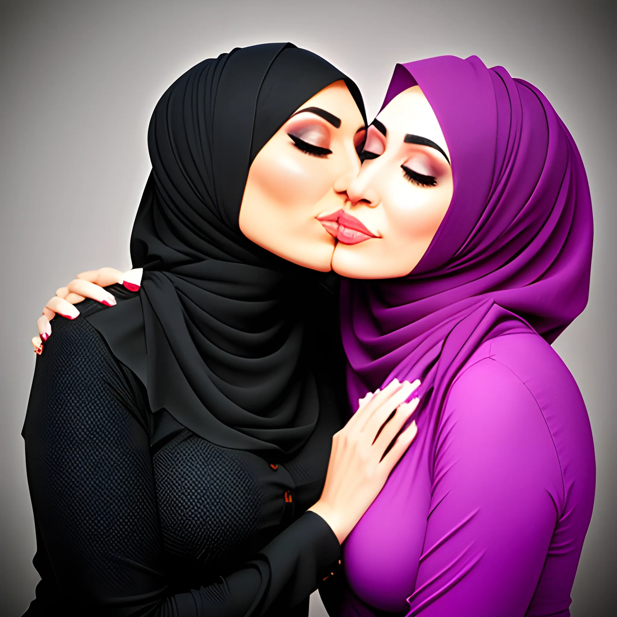 two hijab girl hugging and kissing

