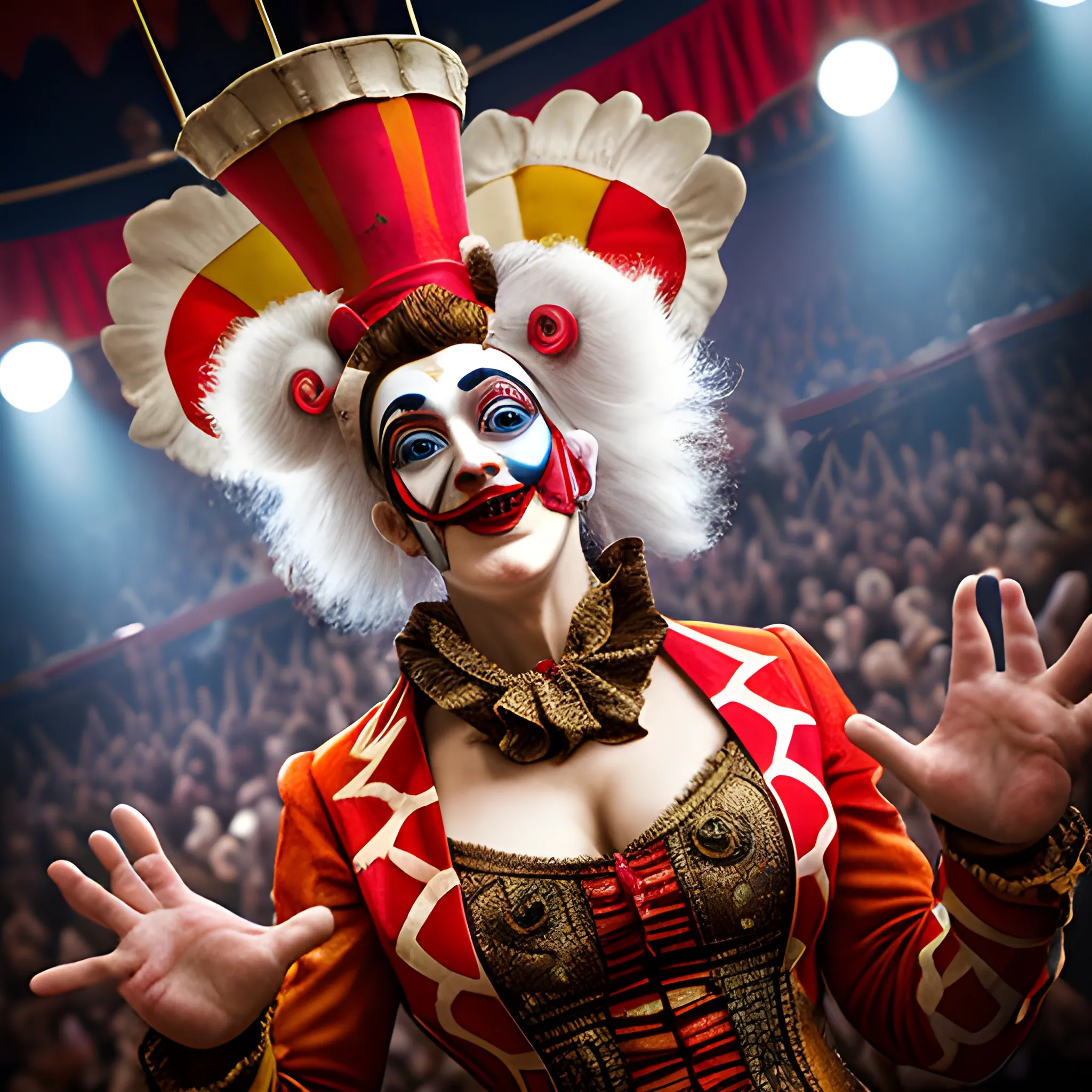 circus characters interacting experiences with the public in performance tricks, focused in textures and high detail with depth of field and photographic resolution of gear and crowd