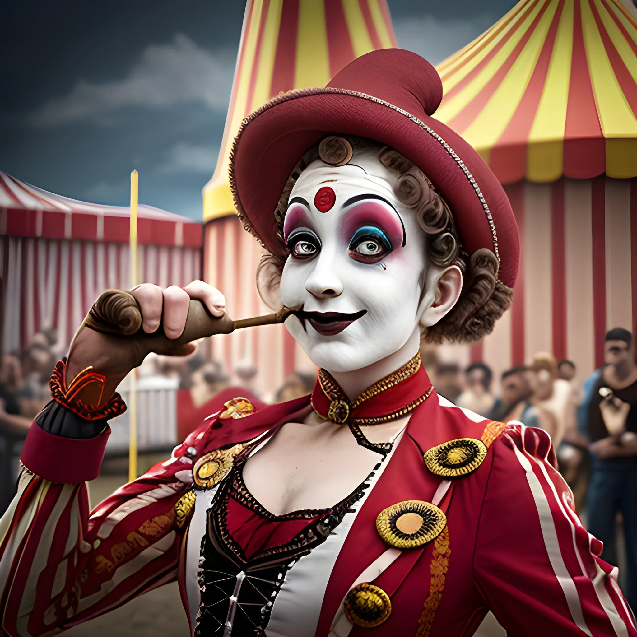 circus characters interacting experiences with the public in performance tricks, focused in textures and high detail with depth of field and photographic resolution of gear and crowd