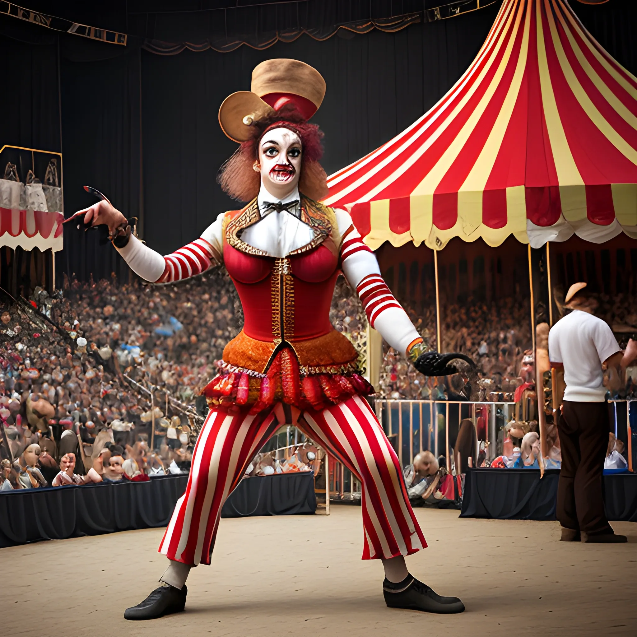 circus characters interacting experiences with the public in performance tricks, focused in textures and high detail with depth of field and photographic resolution of gear and crowd