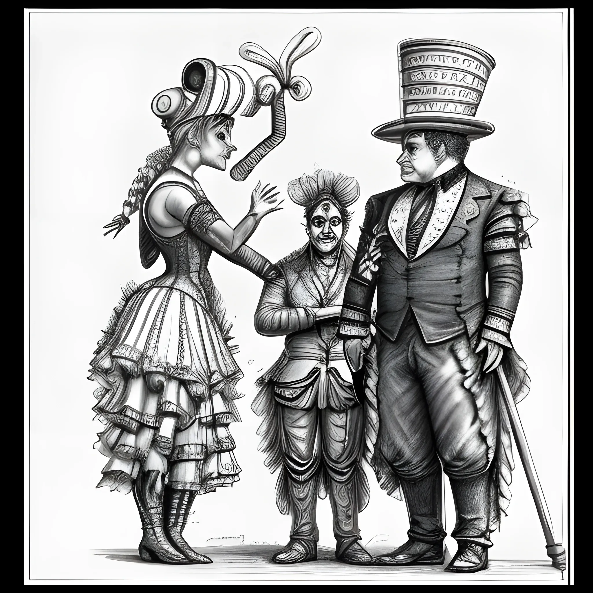 circus characters interacting experiences with the public in performance tricks, focused in textures and high detail with depth of field and photographic resolution of gear and crowd, Pencil Sketch, Cartoon