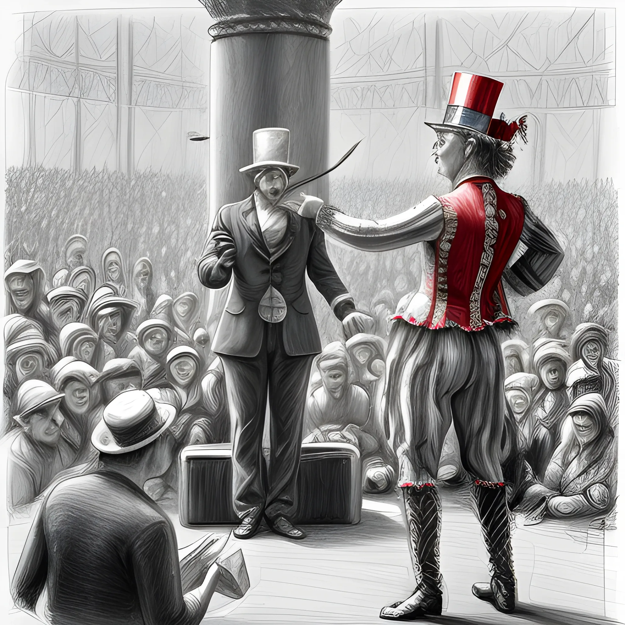 circus characters interacting experiences with the public in performance tricks, focused in textures and high detail with depth of field and photographic resolution of gear and crowd, Pencil Sketch, Cartoon, Oil Painting, Oil Painting