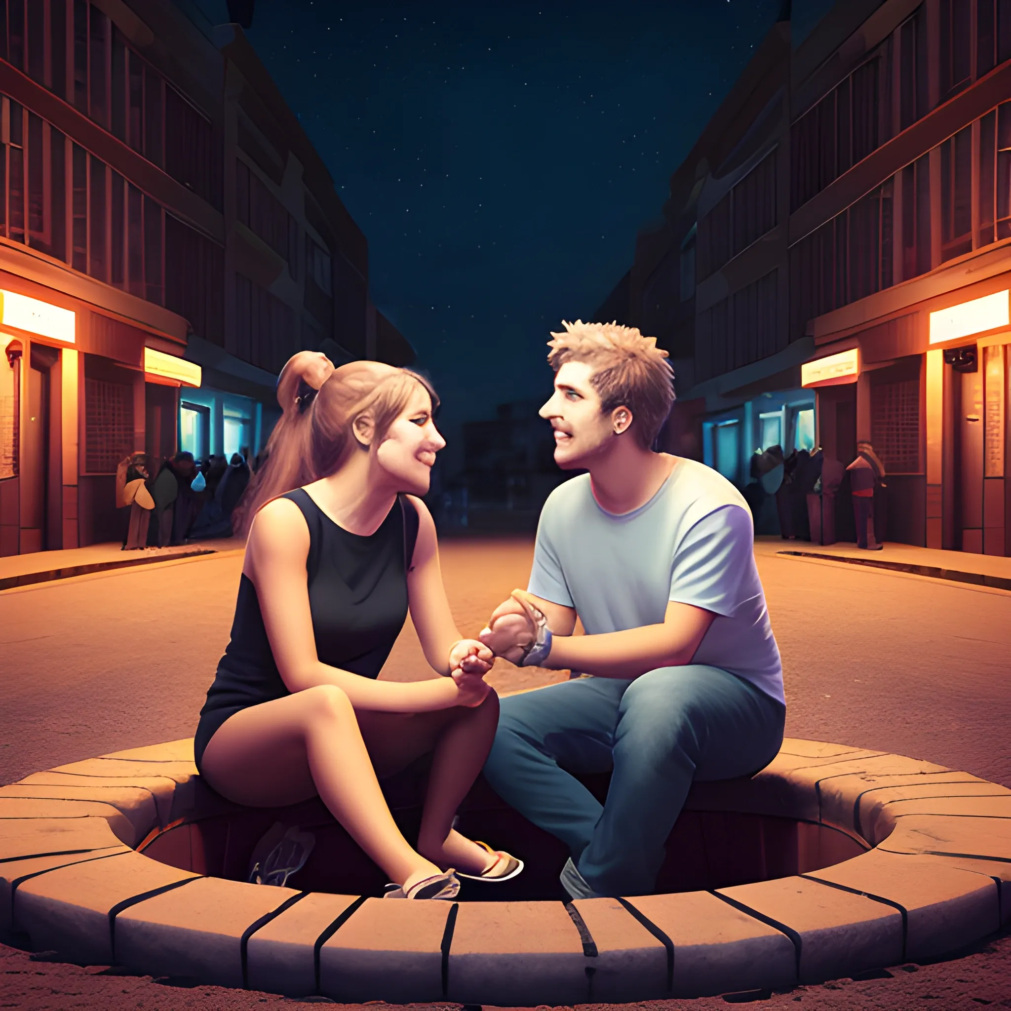 male and a female friends sitting talking in a manhole at night with a concert in the background, 3D