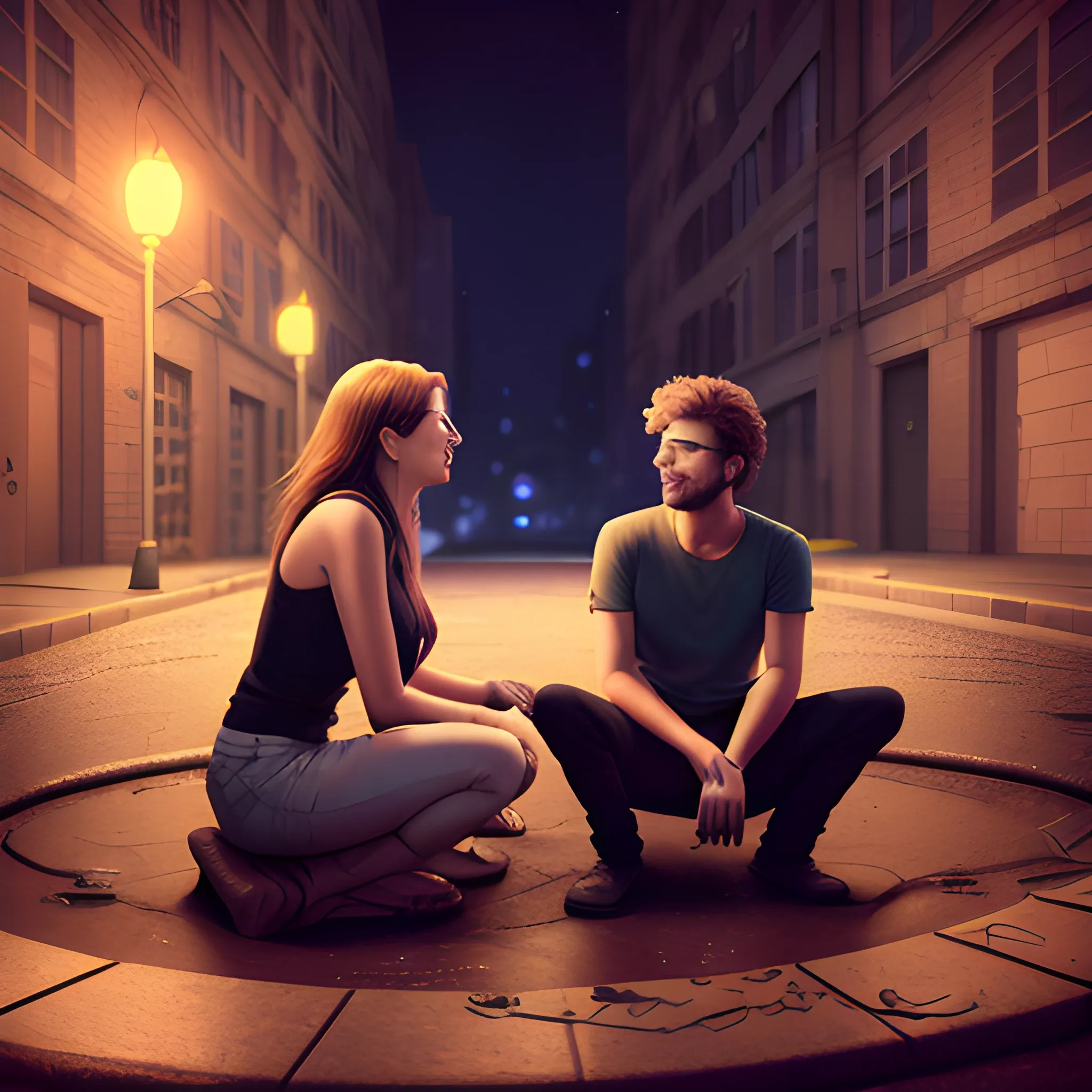 male and a female friends sitting talking in a sewer hole at night with a concert in the background, 3D