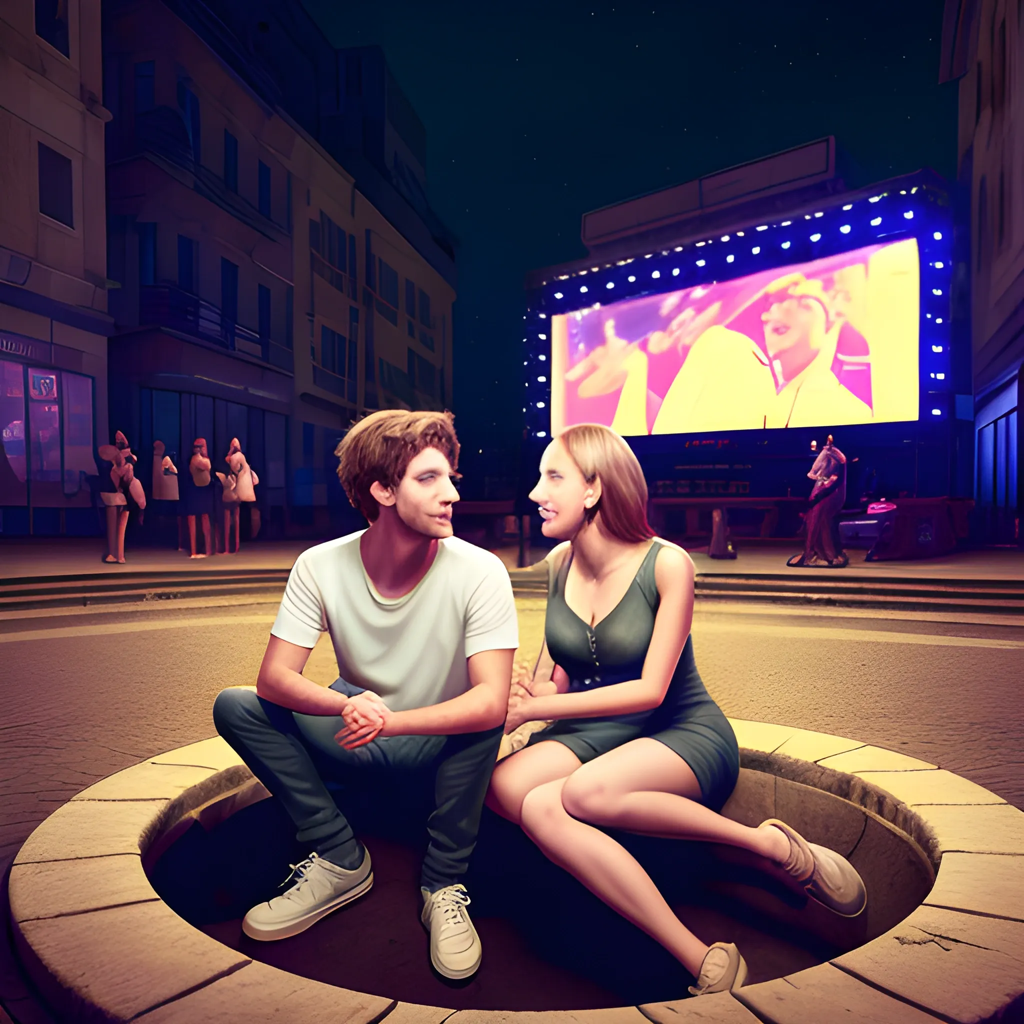 male and a female friends sitting talking in a manhole at night with a huge concert in the background, 3D