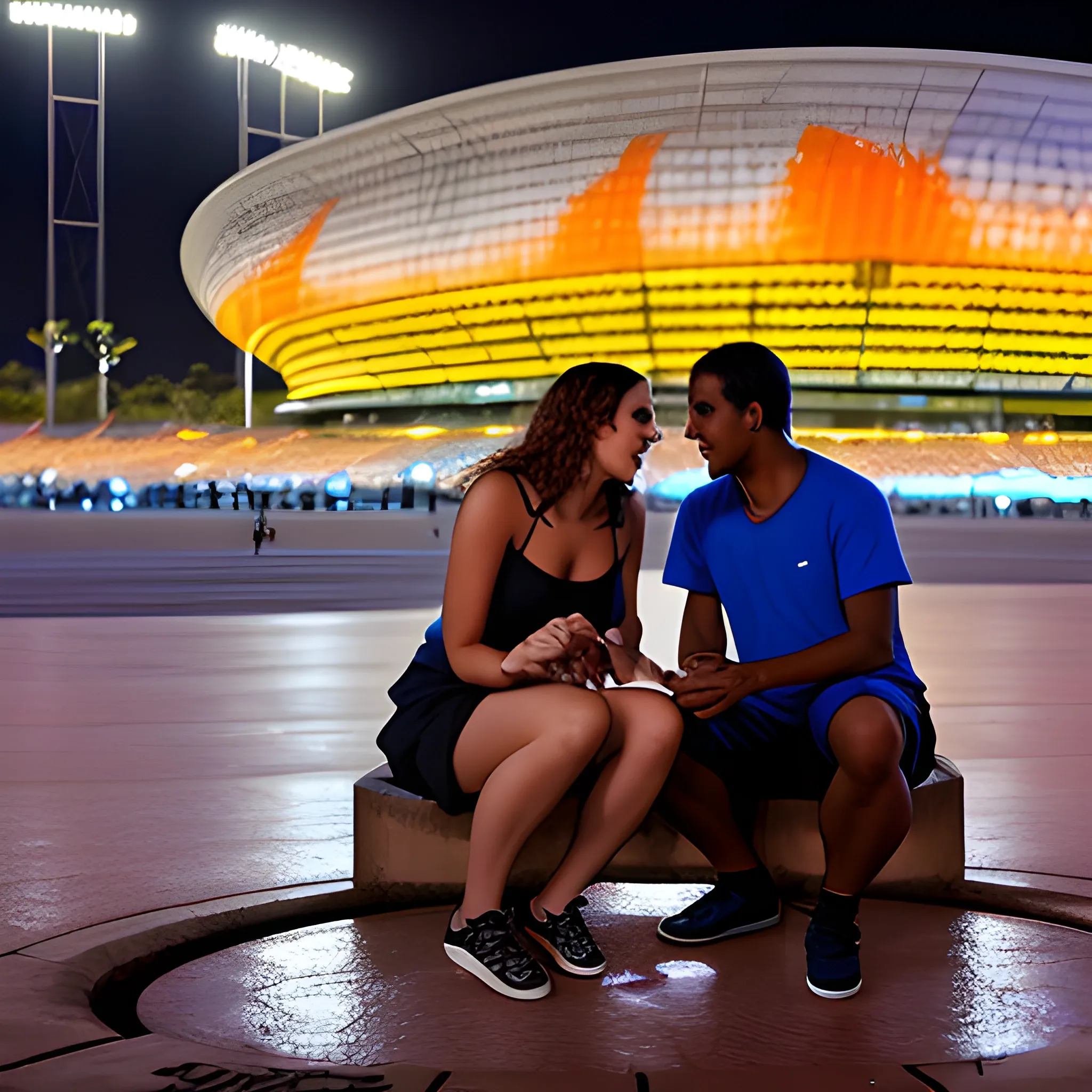 male and a female friends sitting talking in a manhole at night in front of the Estádio Mané Garrincha in brasília Brazil with a huge concert in the background, 3D