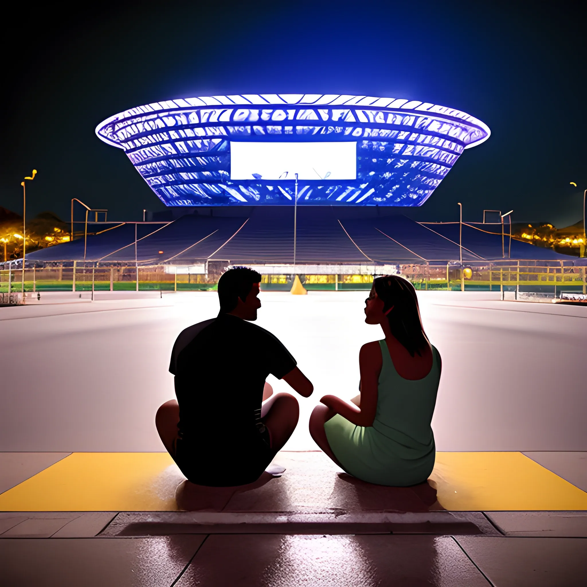 male and a female friends sitting talking in a manhole at night in front of the Mané Garrincha Stadium in brasília Brazil with a huge concert in the background, 3D