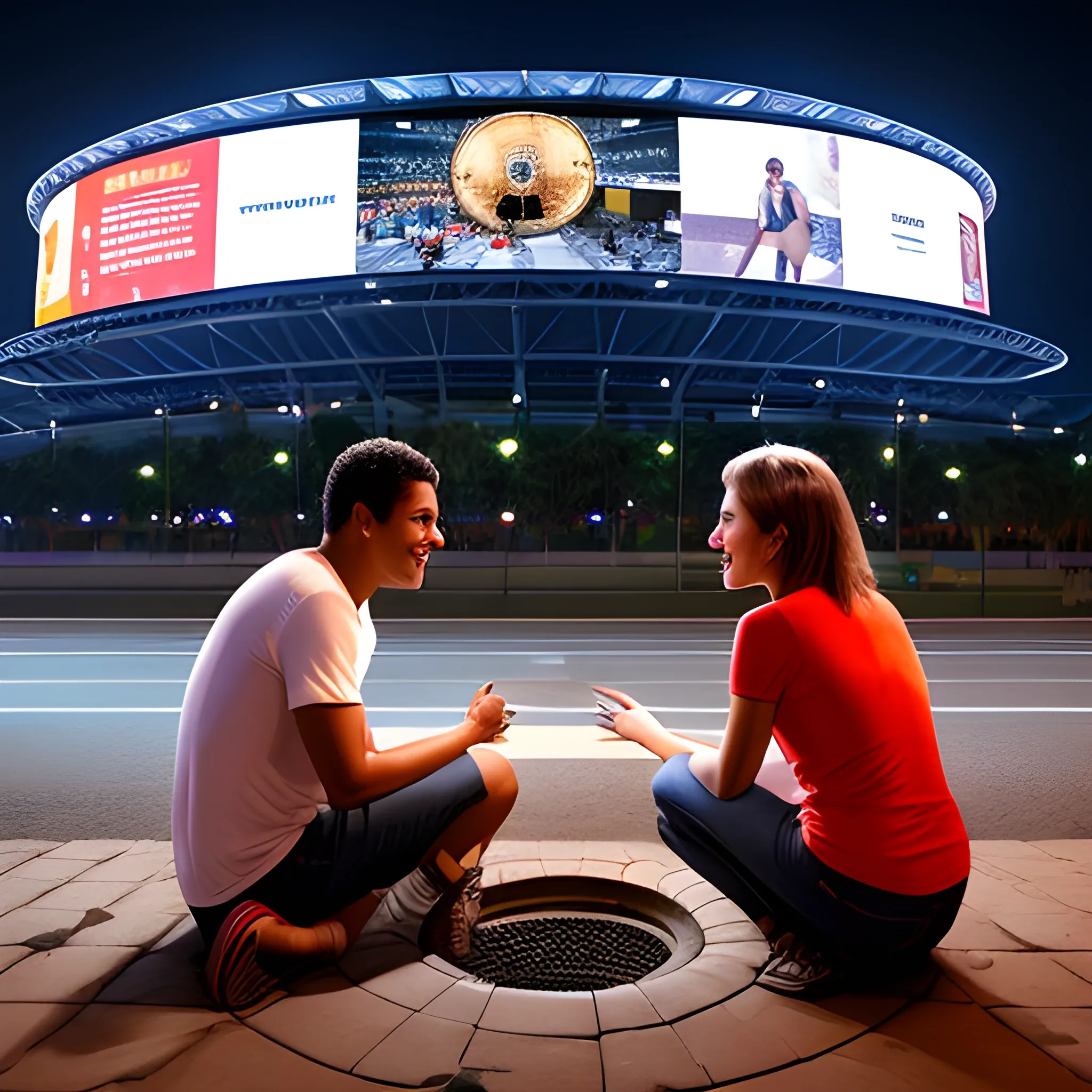 male and a female friends sitting talking in a manhole at night in front of the Mané Garrincha Stadium with a huge concert in the background, 3D