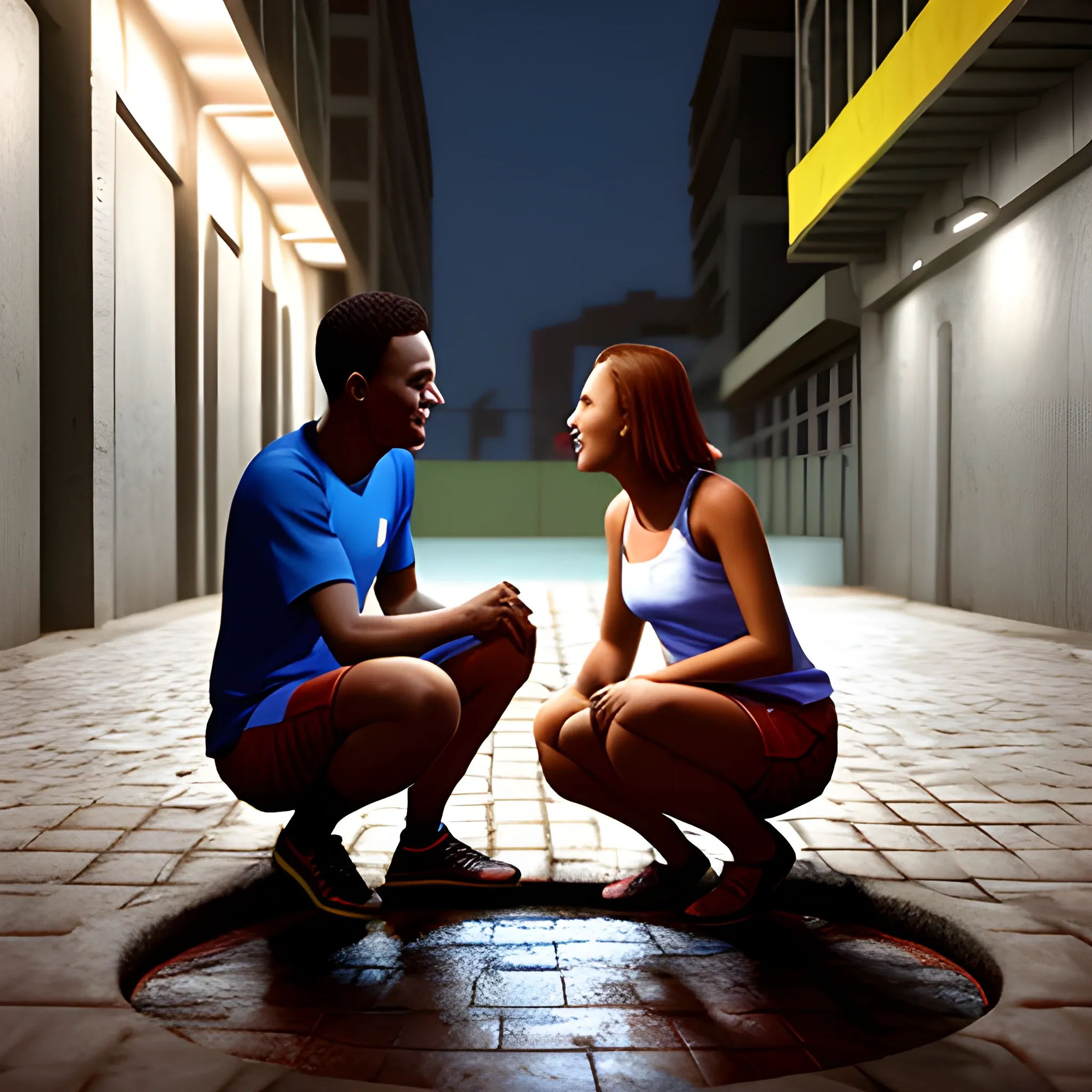  Mané Garrincha Stadium in the background, a male and a female friends sitting talking in a manhole at night, 3D