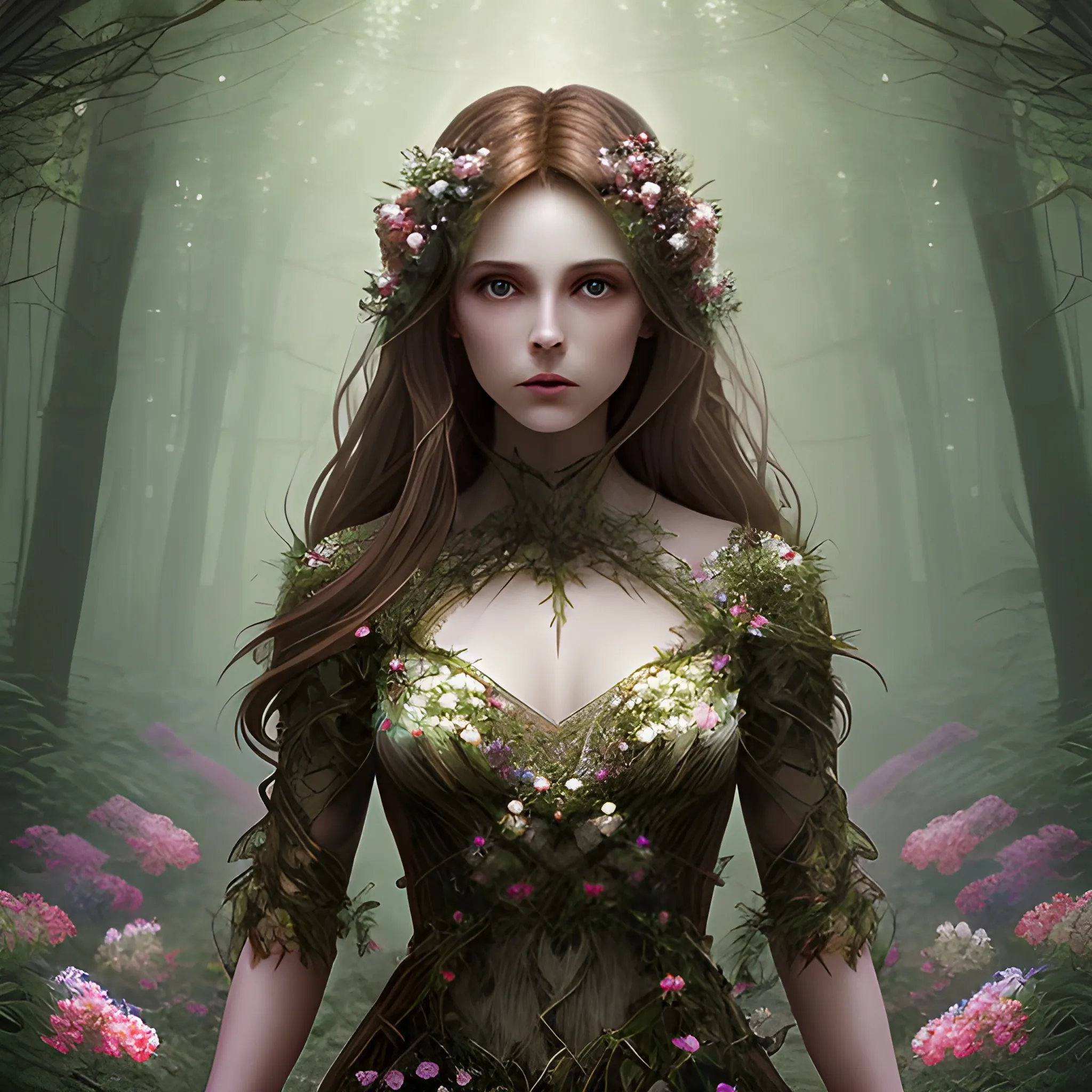 Stable Diffusion 1.5. Masterpiece, beautiful brown hair woman, wearing a tight dress made of light, in fantasy forest, surrounded by flowers, forest has a sense of mystery, godrays, ultra detailed, moody