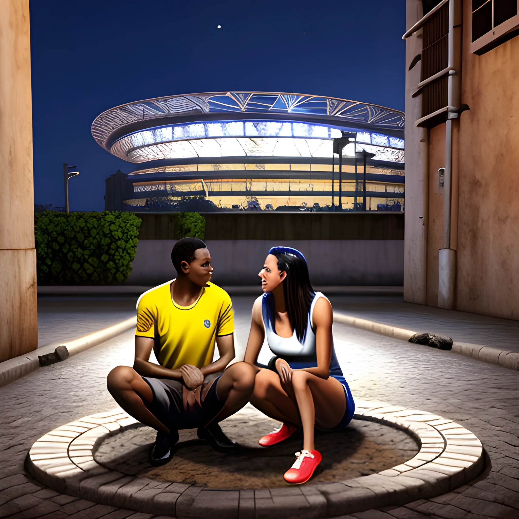  Mané Garrincha Stadium in the background, a male and a female friends sitting talking in a manhole at night, 3D