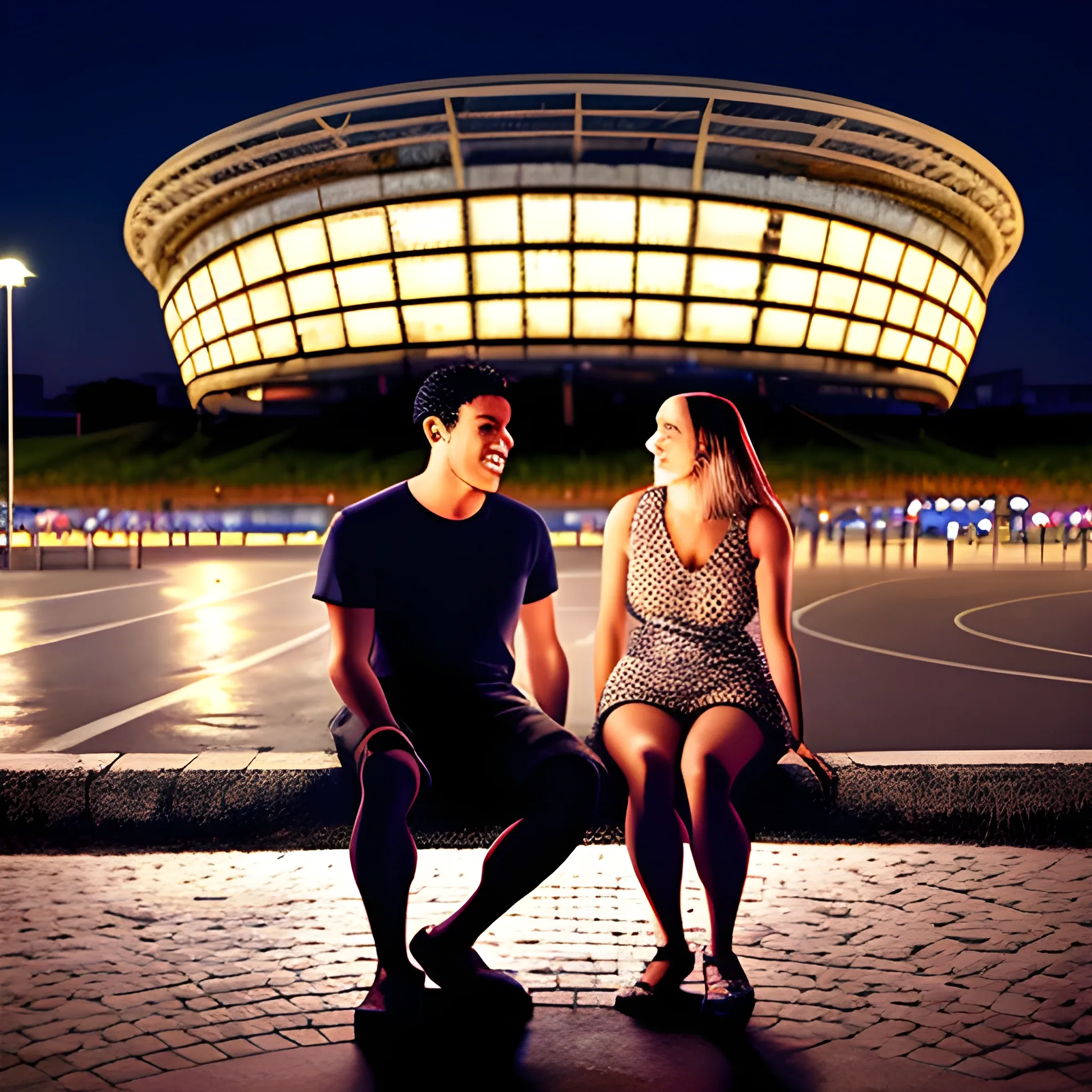 a male and a female friends sitting talking in a manhole at night and a huge concert happening in the Mané Garrincha Stadium in the background, 3D