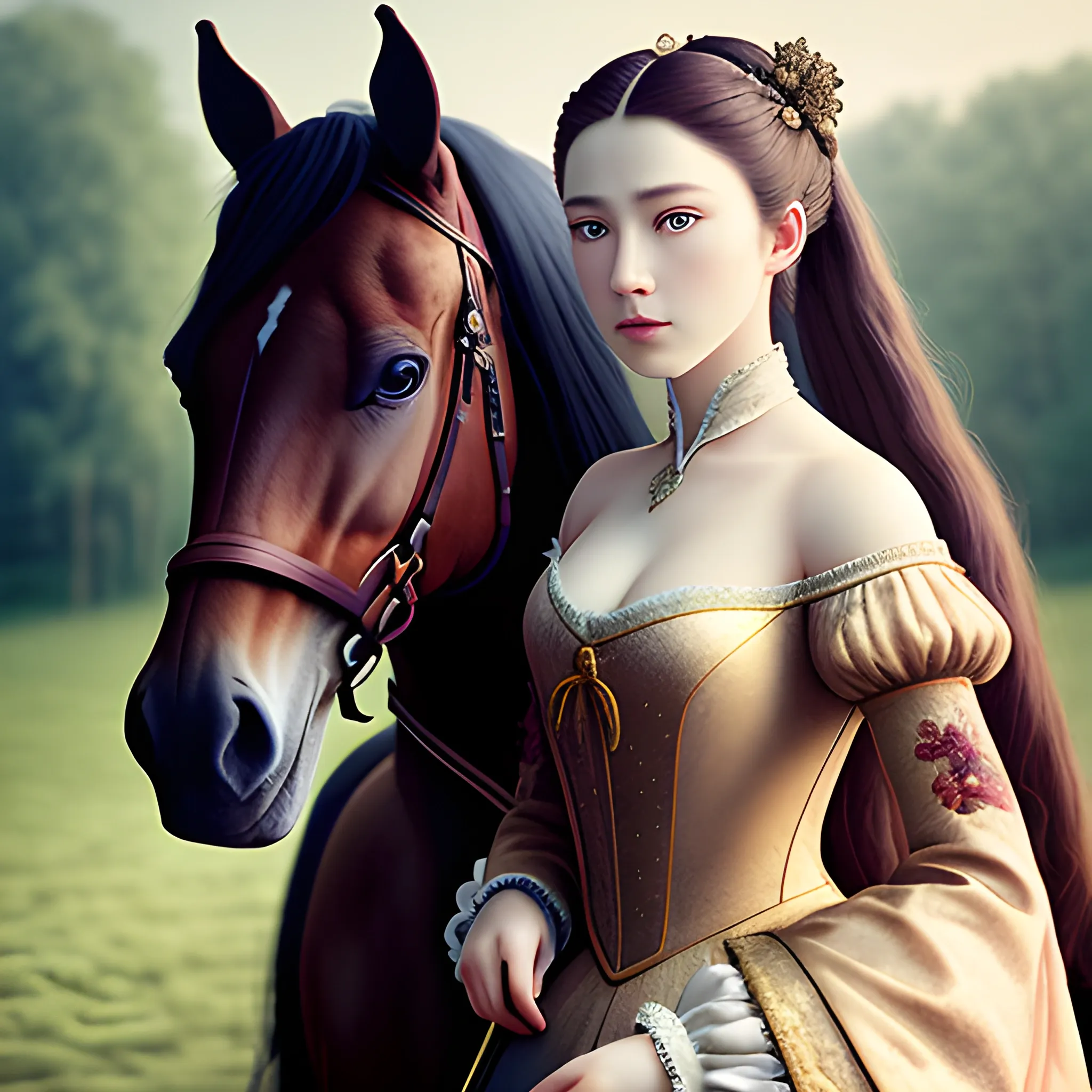 Beauty and horse, wearing court aristocratic costumes, with melancholy eyes, high-definition photography blockbuster, 3D