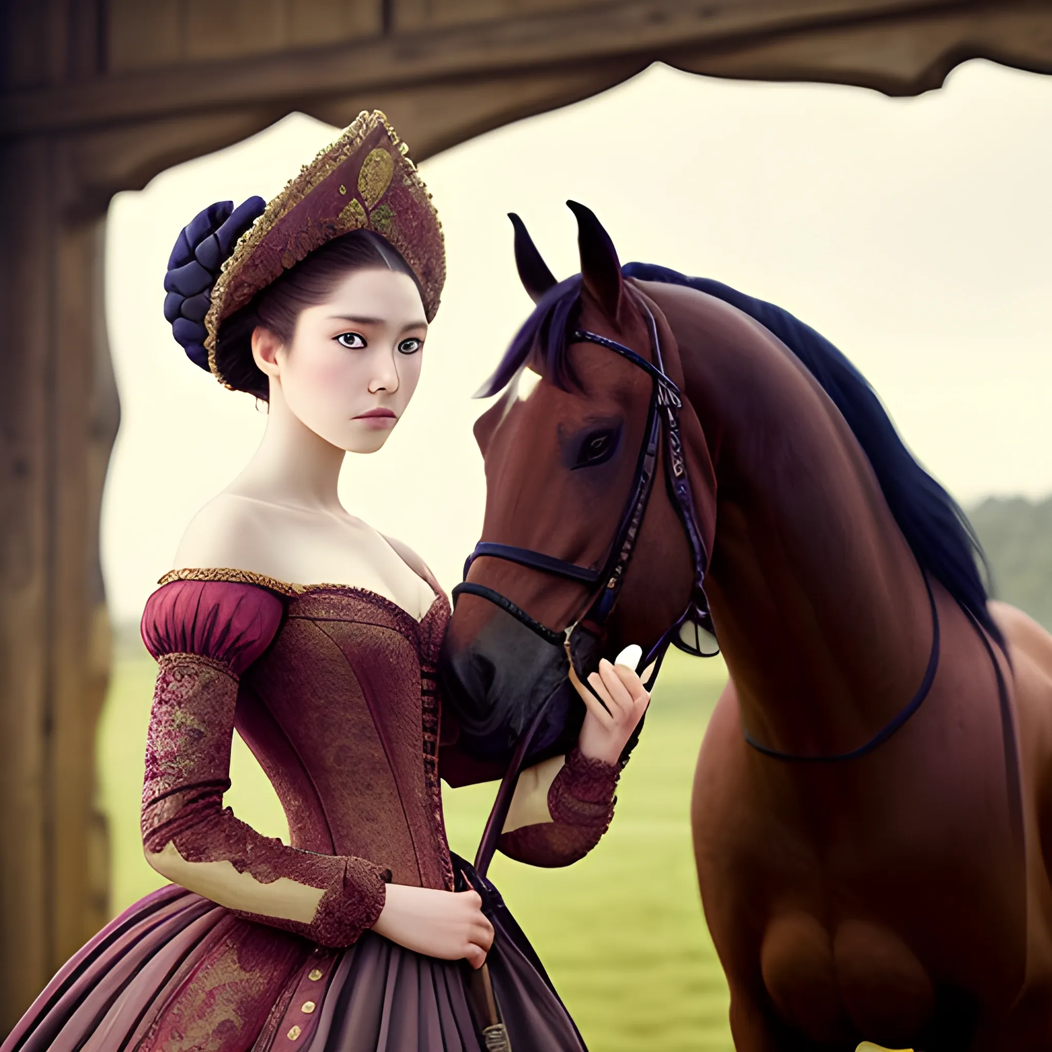 Beauty and horse, wearing court aristocratic costumes, with melancholy eyes, high-definition photography blockbuster