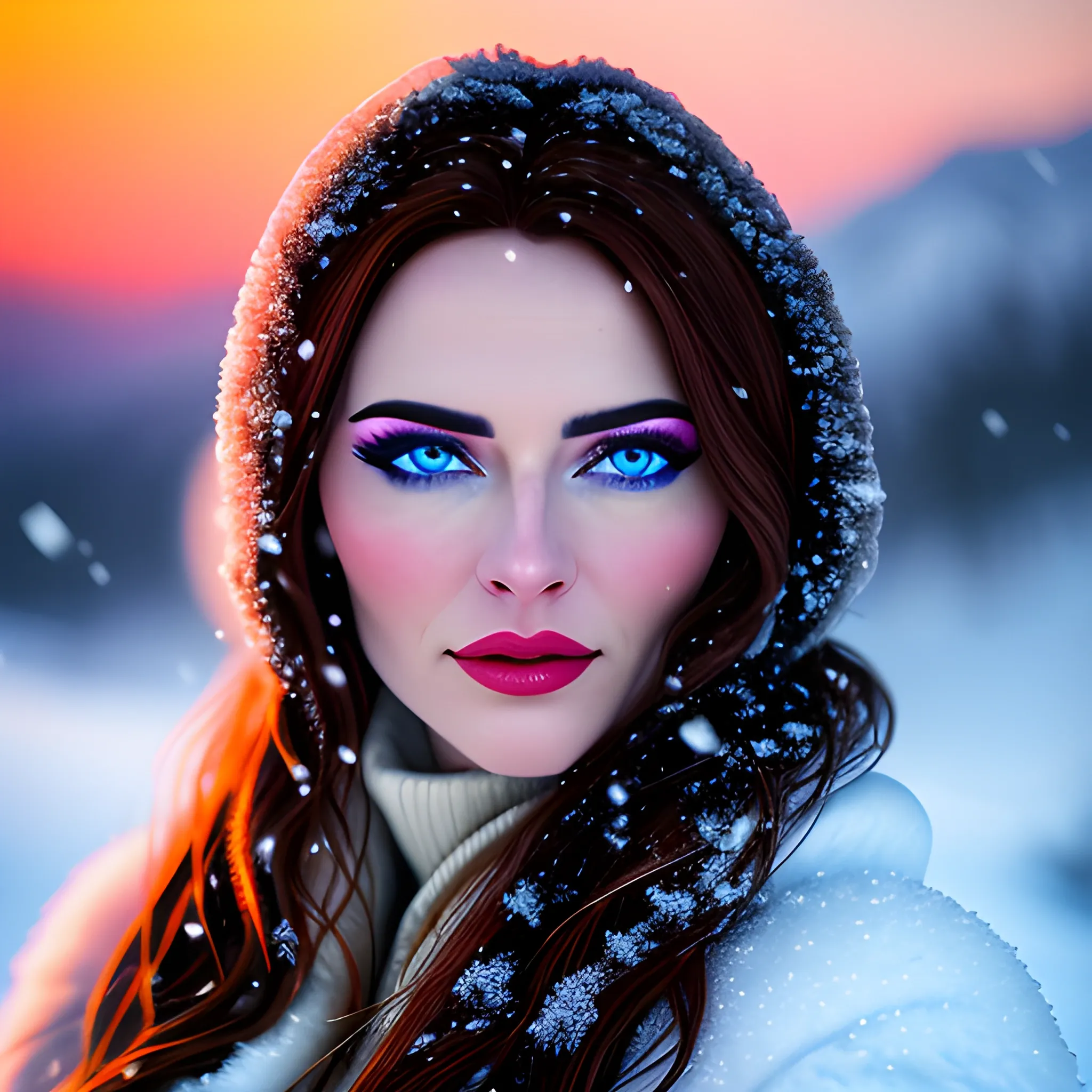 Cinematic photo of young woman wearing a red dress, wide angle, close up, photorealism, blue eyes, (sunset), mountains, snow, spring, 35mm photograph, film, bokeh, professional, 4k, highly detailed
