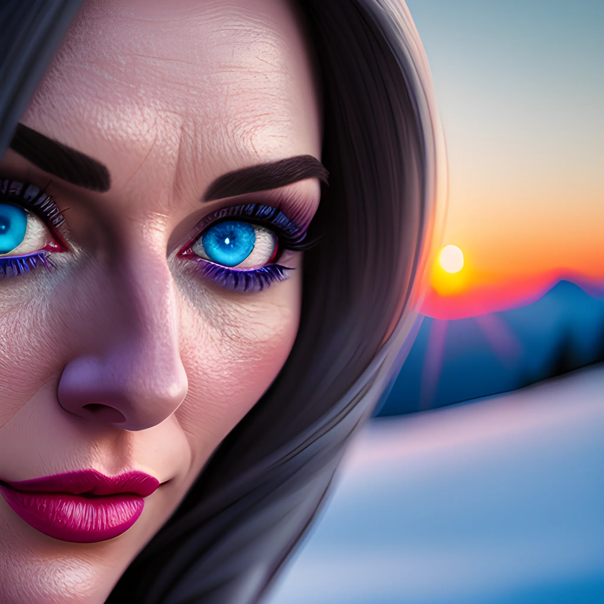 Cinematic photo of young woman wearing a red dress, wide angle, close up, photorealism, blue eyes, (sunset), mountains, snow, spring, 35mm photograph, film, bokeh, professional, 4k, highly detailed
