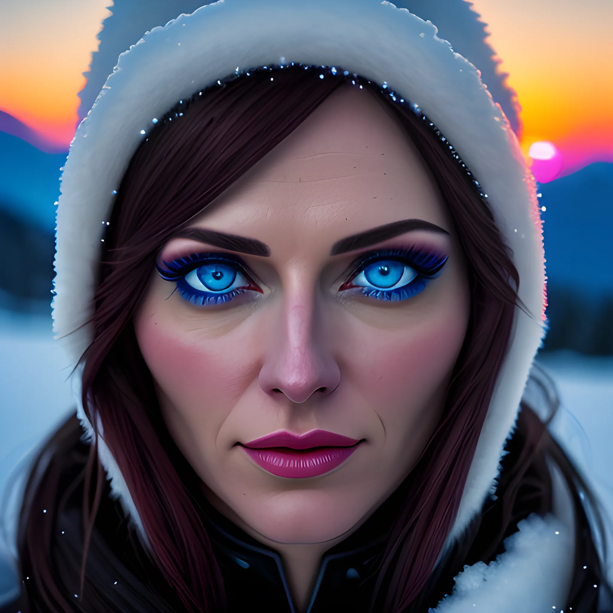 Cinematic photo of young woman wearing a red dress, wide angle, close up, photorealism, blue eyes, (sunset), mountains, snow, spring, 35mm photograph, film, bokeh, professional, 4k, highly detailed, cinematic photography blockbuster
