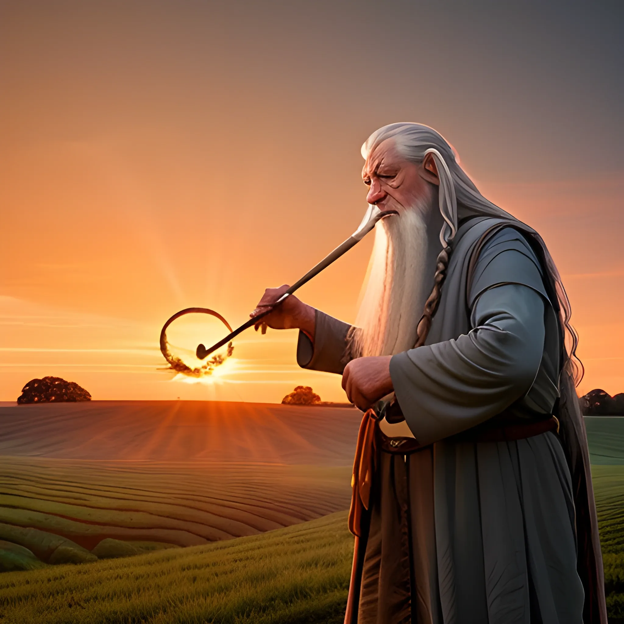 Gandalf making smoke rings during sunset in the shire, gazing afar at the fields, masterpiece, quality
