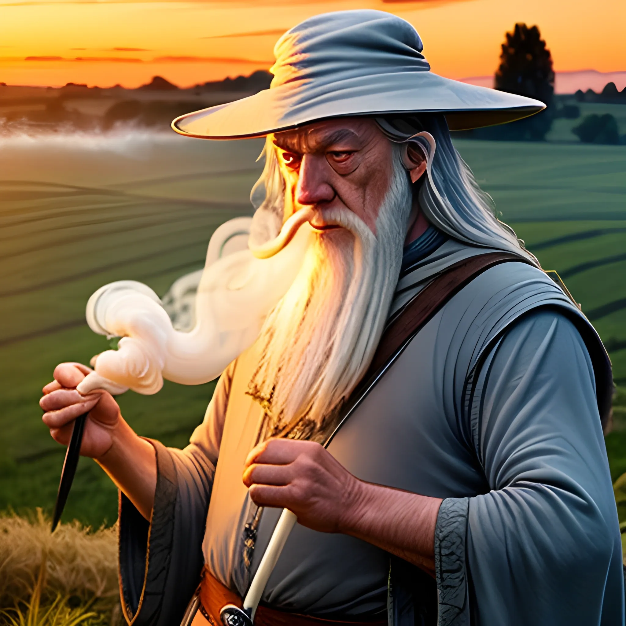 Gandalf making smoke rings during sunset in the shire, gazing afar at the fields, masterpiece, quality
