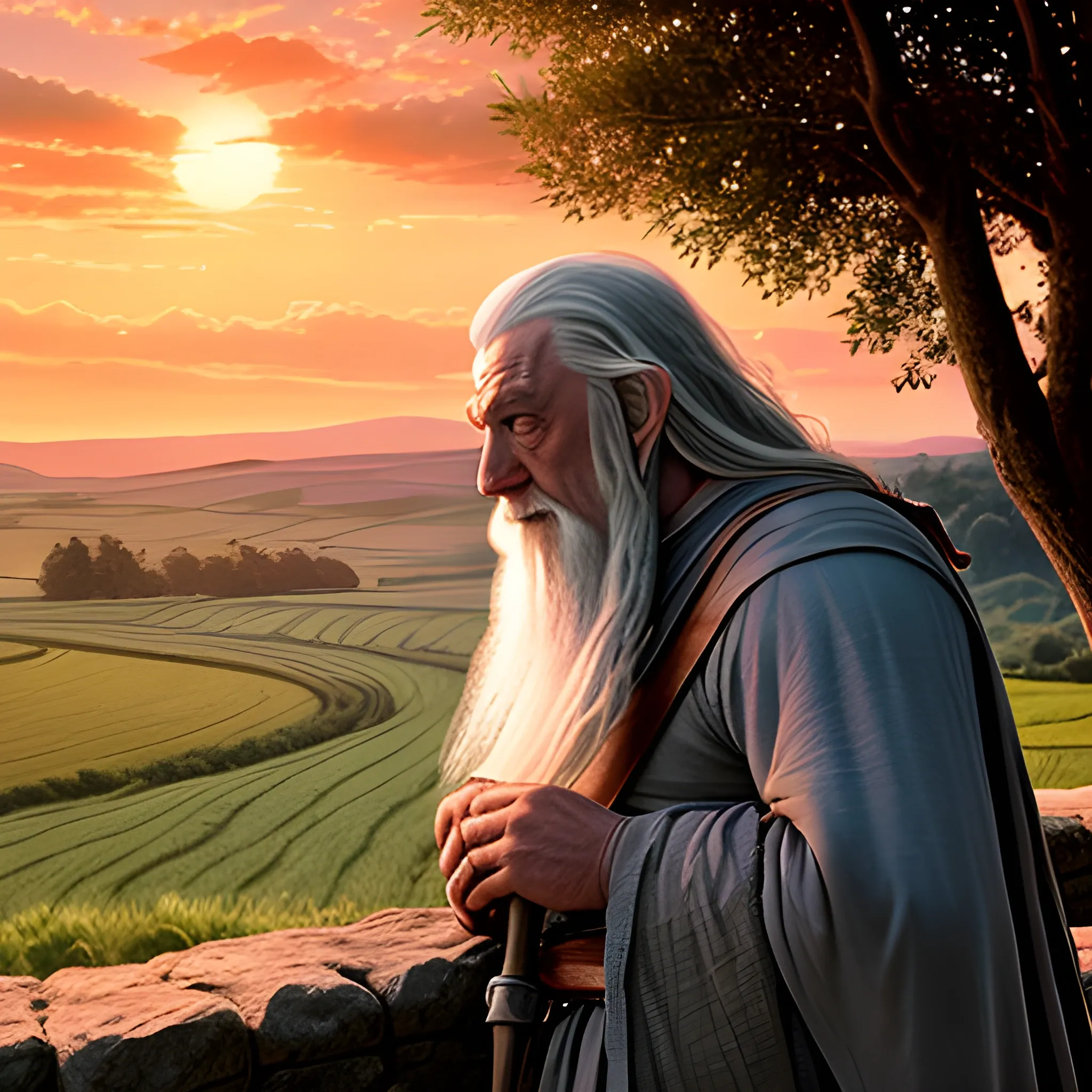 Gandalf during sunset in the shire, gazing afar at the fields, masterpiece, quality
