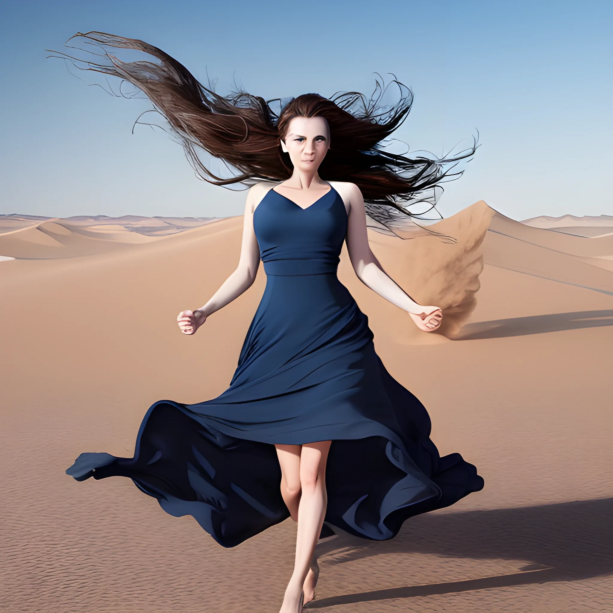 Attractive woman, dark blue dress, windy white desert, dynamic pose, advanced photography, ultra hd detail