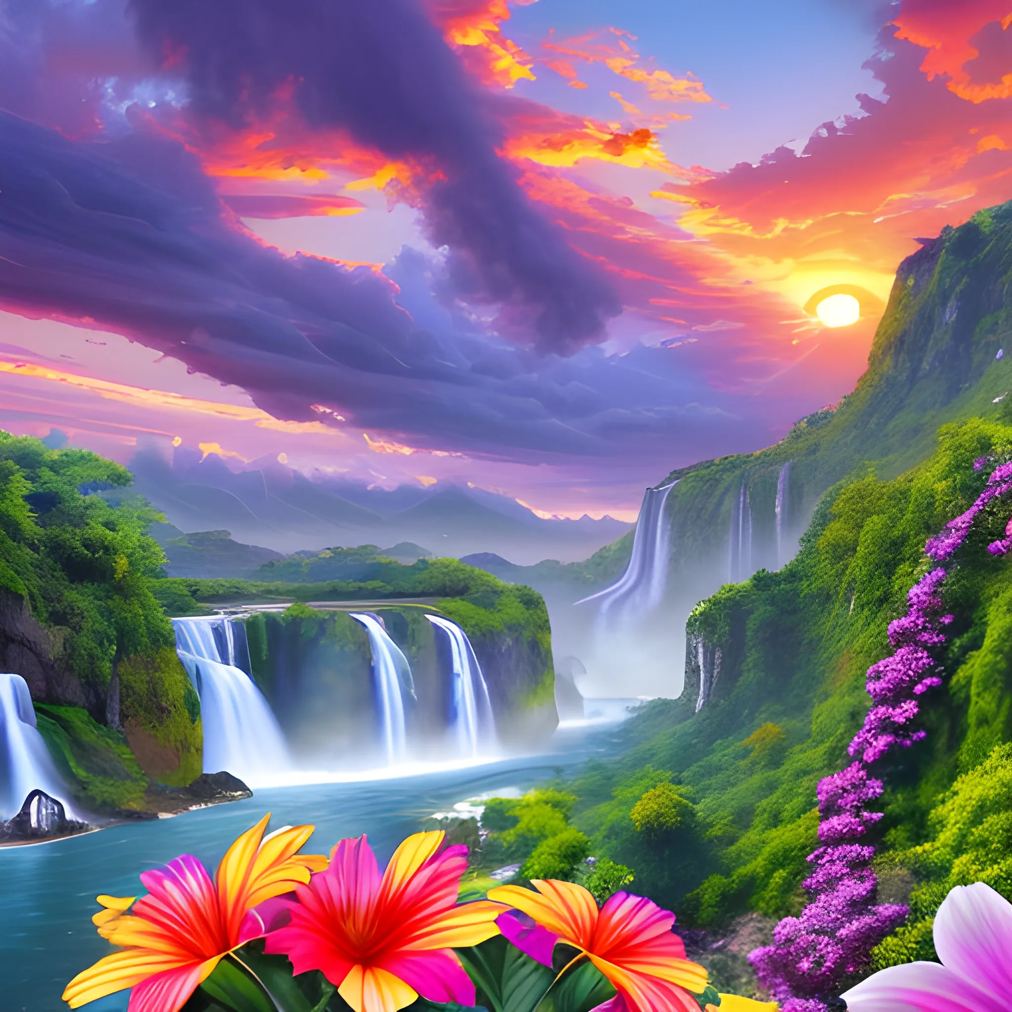 A realistic beautiful natural landscape with the sun setting over waterfalls with very colorful exotic flowers and birds in the cloudy sky , 4k resolution, hyper detailed