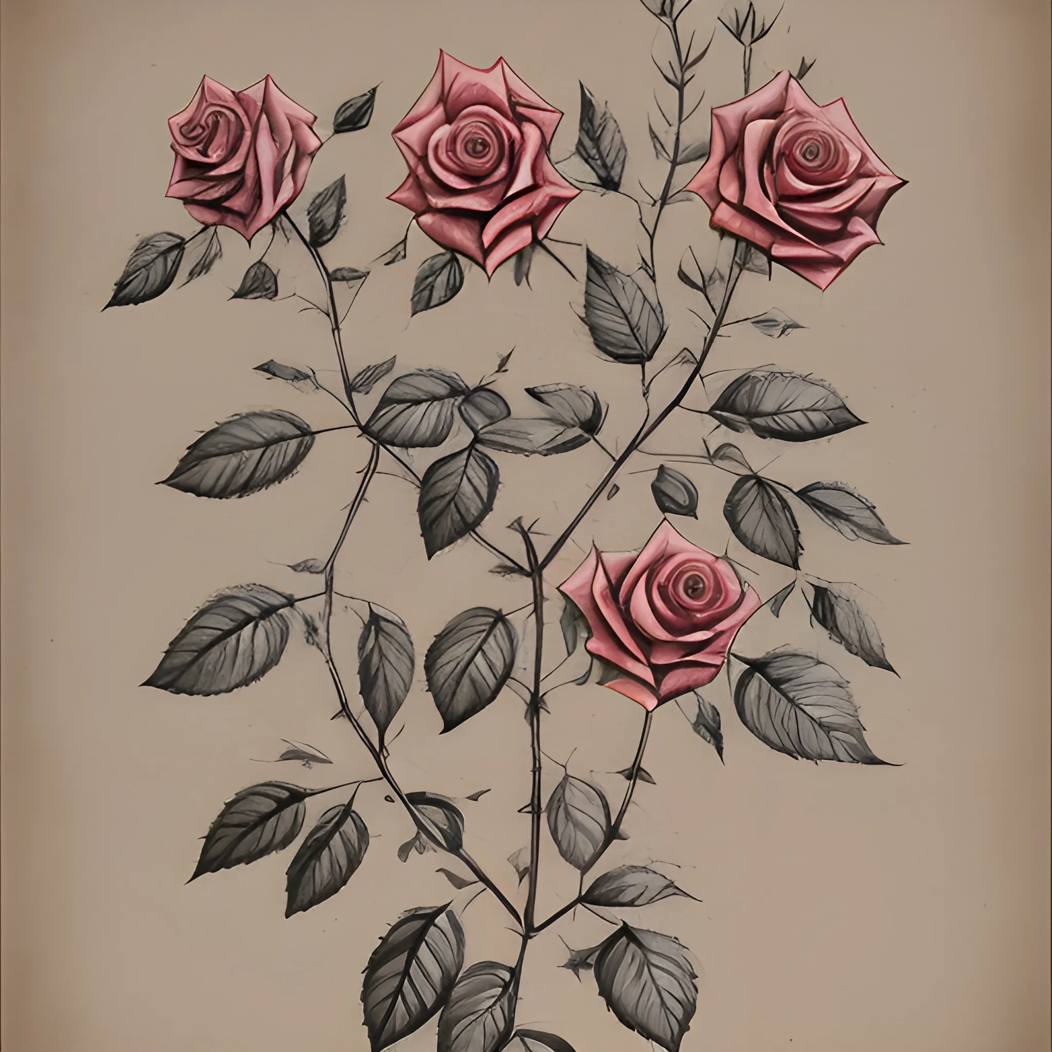 horizontal botanical drawing of rose bushes. Traditional art. Ru