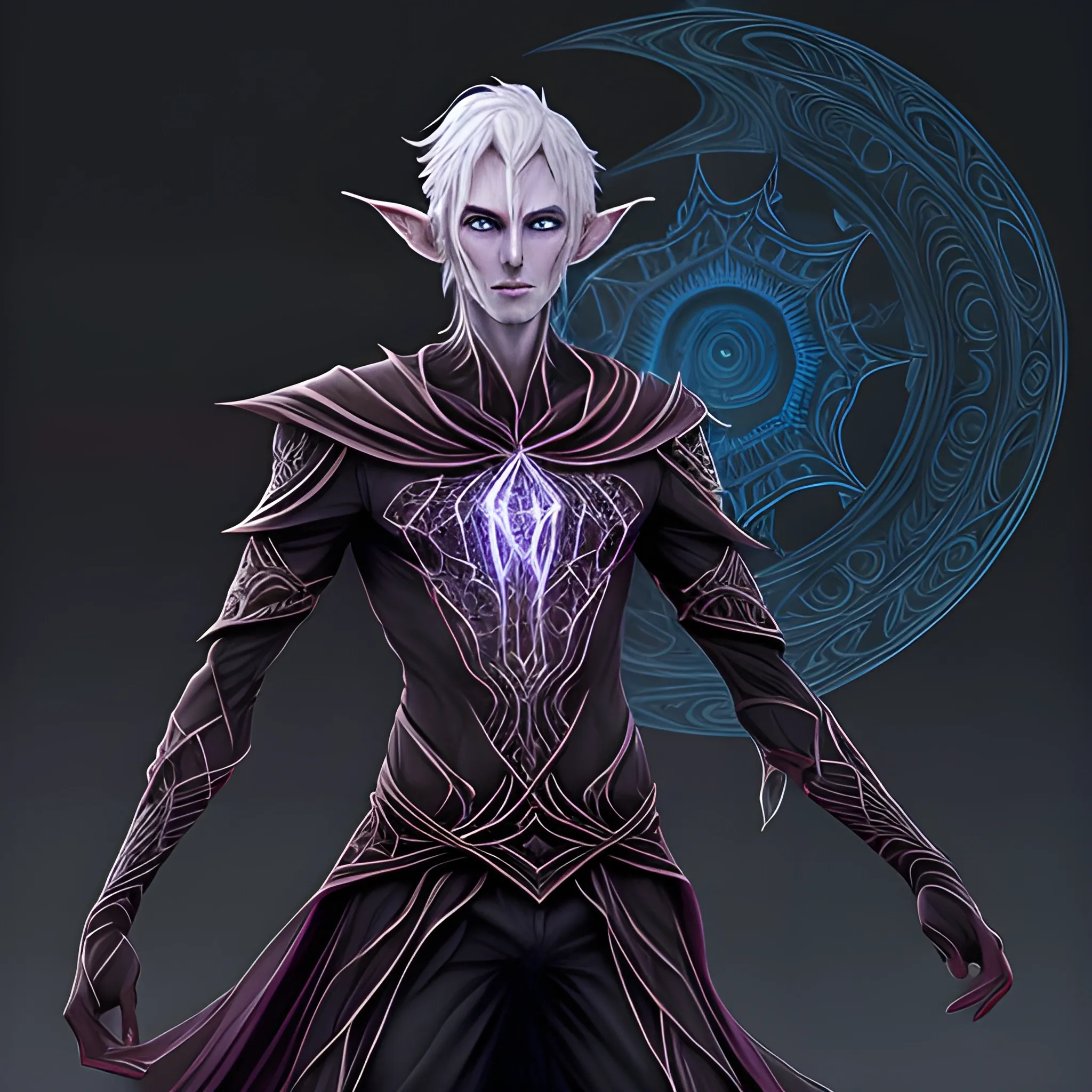 tall and slender drow elf. nearly translucent pale skin accentuates the dark veins cousing beneath his epidermis. his eyes glow with a piercing deep red, revealing the magical corruption that has consumed him. Dressed in a light-absorbing dark tunic, he showcases dark magical etchings that appear to move like dancing shadows. Mysterious symbols and web patterns adorn his attire, reflecting his mastery of corrupted magical waves.