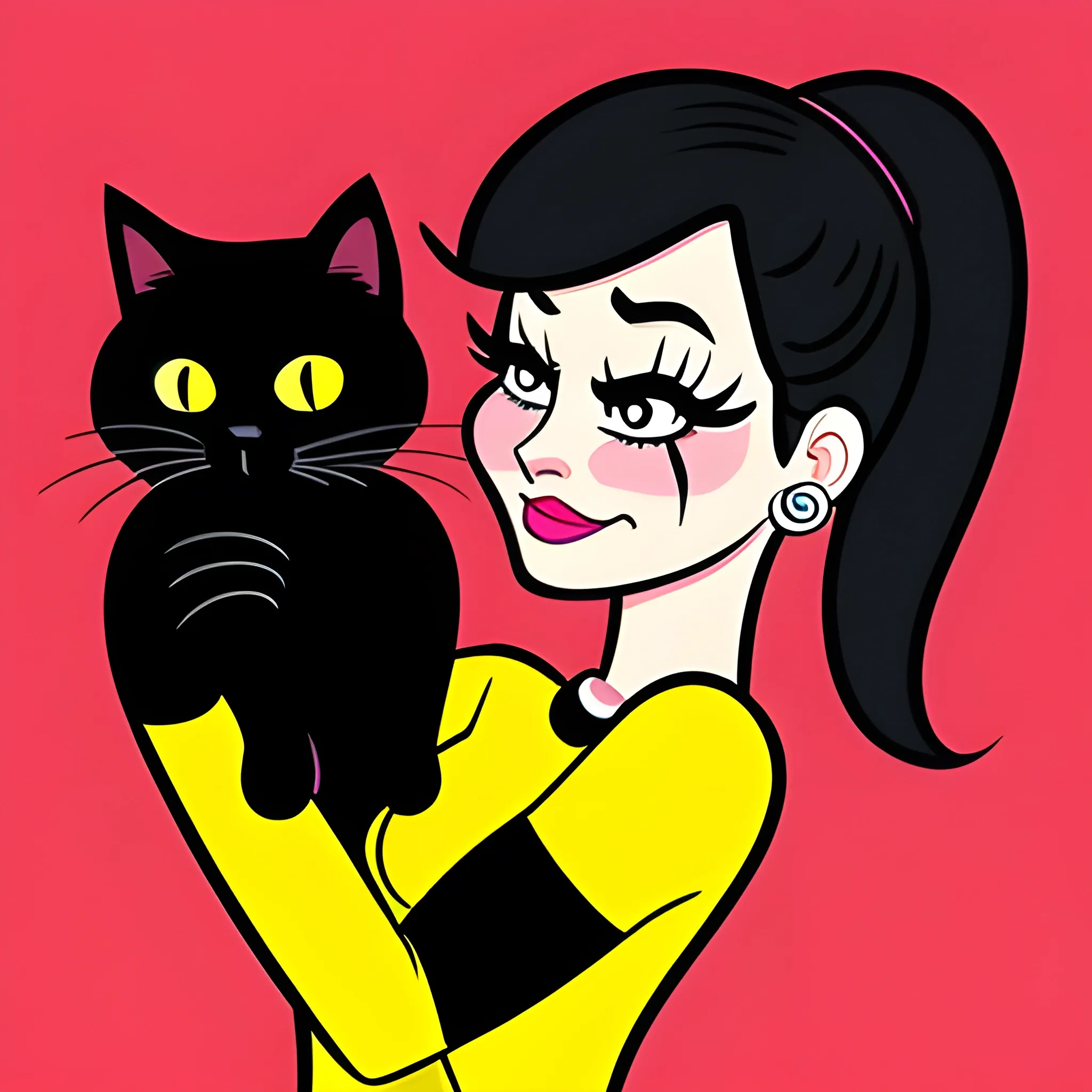 Girl with black cat is attractive, curious, cartoon funny style ...