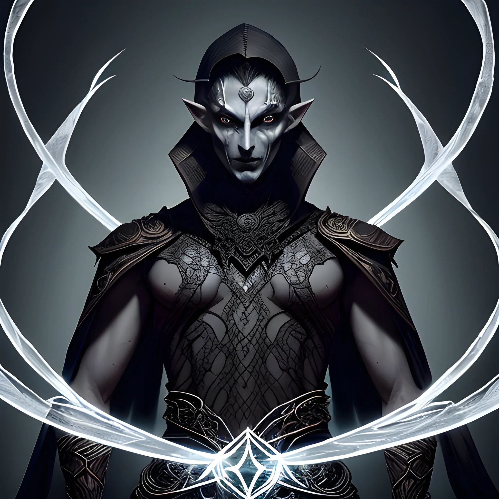 Syrak, the Shattered, is a tall and slender drow elf, standing around 6'1" in height. His nearly translucent pale skin accentuates the dark veins coursing beneath his epidermis. His eyes glow with a piercing deep red, revealing the magical corruption that has consumed him.

Dressed in a light-absorbing dark tunic, Syrak showcases dark magical etchings that appear to move like dancing shadows. Mysterious symbols and web patterns adorn his attire, reflecting his mastery of corrupted magical weaves. A wide leather belt encircles his waist, holding a pouch containing fragments of corrupted magical webs.

His face bears a somber and calculating expression. Lips curve into an almost imperceptible smile, indicating his satisfaction with the power he has amassed. His deep red gaze conveys ambition and cruelty.

Dark and serpentine shadows enwrap Syrak, manifestations of the corrupted magic he commands. These shadows stir in response to his emotions, creating a dynamic and menacing aspect.

With an upright and confident posture, Syrak moves with sinister grace. He believes he has transcended the limitations of the Weaver's Guild and is destined to achieve supreme power.

By focusing on the slender appearance, somber expression, and the contrast between the pale skin and magical shadows, you can capture the essence of Syrak, the Shattered, in a visual representation.