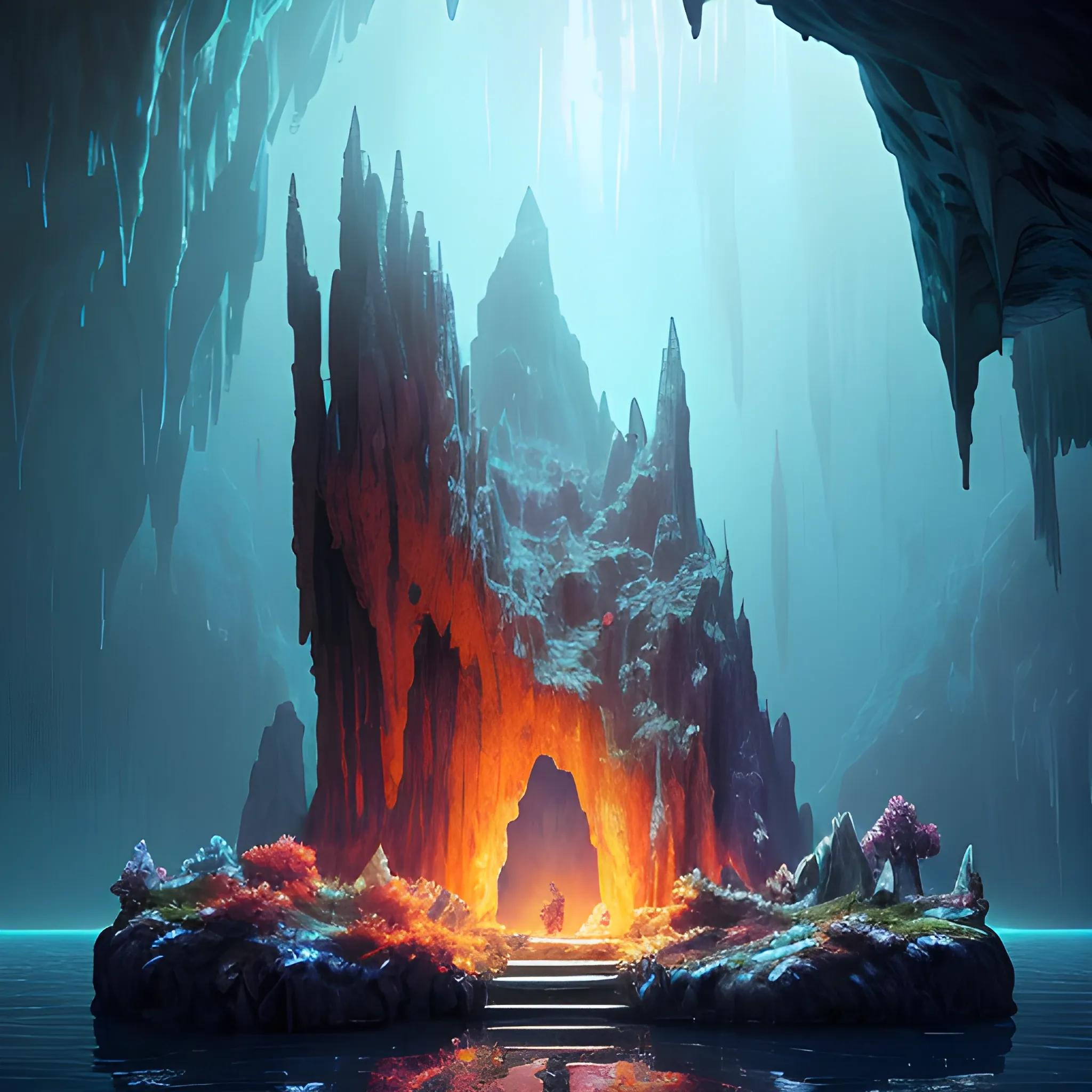 capturing the mesmerizing colors and intricate details of the submerged world. Add a cinematic touch with soft natural volumetric light and refractions, highlighting the beauty of this undiscovered realm. The scene is saturated with warm hues, creating a captivating and dreamlike atmosphere. This masterpiece is trending on ArtStation, showcasing ultra detailed and high-resolution artwork，ancient abandoned crumbling cavernous artificial cave, stalactites, completely destroyed, dark fantasy, sparks,  Artstation, dark and moody lighting, digital art, Similar to Abergavenny, Sid Mead inspired, Dnd，A huge ornate ice crystal material box, very exquisite, translucent, luminous，a ultradetailed beautiful concept art of the crystal formation of the prismatic crystal of hope is filled with the wonderful colors of the emotion around it in a forgotten cave lighten by the moon light and reflecting on the surface of a quiet lake, concept art, high resolution 4 k, by artgeem，a beautiful landscape photo of arcadia, cinematic atmospheric masterpiece, award winning, 4 k, hyperdetailed, fantastic, wonderful