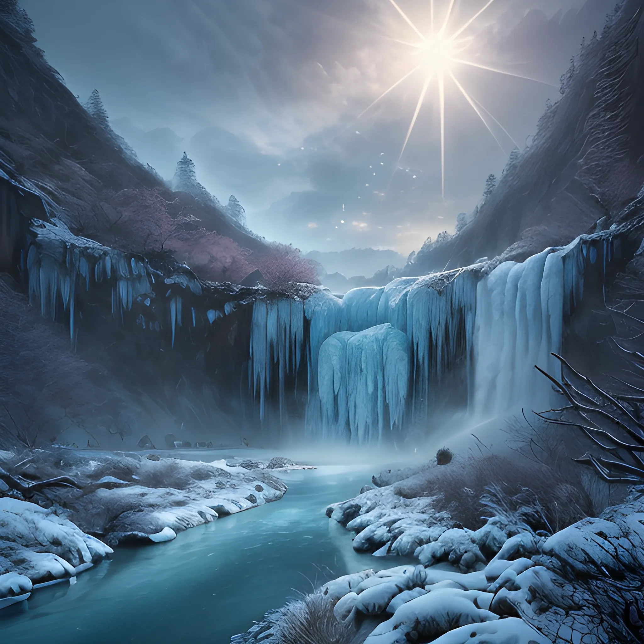 4kcg, film art. Beautiful, very mysterious. In the center of the picture is a frozen waterfall, connecting the sky to shine in the sun. a beautiful landscape photo of arcadia, cinematic atmospheric masterpiece, award winning, 4 k, hyperdetailed, fantastic, wonderful