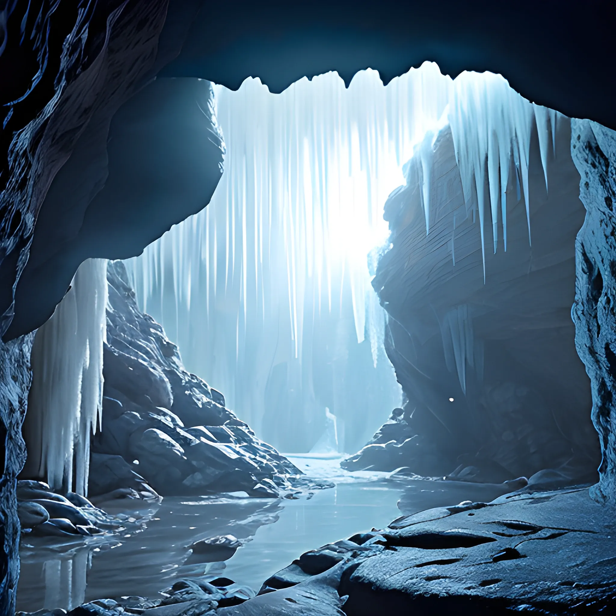 Inside a medium-sized rock cave.4kcg, film art. Beautiful, very mysterious. In the center of the picture is a frozen waterfall, connecting the sky to shine in the sun. a beautiful landscape photo of arcadia, cinematic atmospheric masterpiece, award winning, 4 k, hyperdetailed, fantastic, wonderful