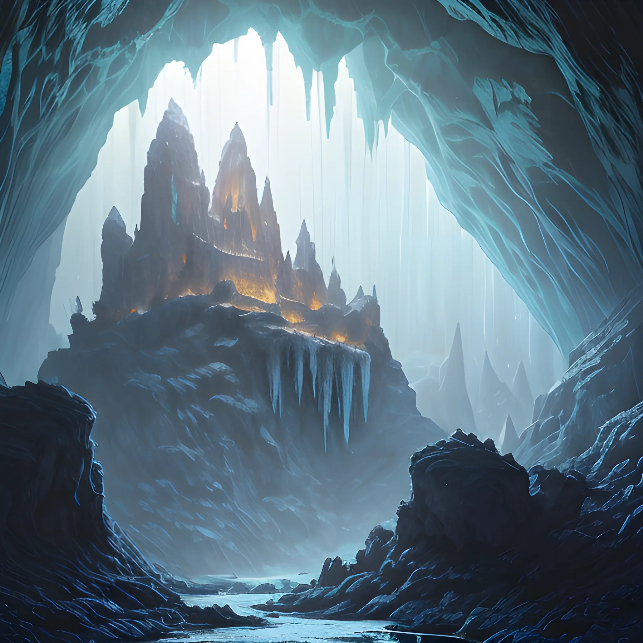 Inside a medium-sized rock cave.4kcg, film art. Beautiful, very mysterious. In the center of the picture is a frozen waterfall, connecting the sky to shine in the sun. a beautiful landscape photo of arcadia, cinematic atmospheric masterpiece, award winning, 4 k, hyperdetailed, fantastic, wonderful，capturing the mesmerizing colors and intricate details of the submerged world. Add a cinematic touch with soft natural volumetric light and refractions, highlighting the beauty of this undiscovered realm. The scene is saturated with warm hues, creating a captivating and dreamlike atmosphere. This masterpiece is trending on ArtStation, showcasing ultra detailed and high-resolution artwork，ancient abandoned crumbling cavernous artificial cave, stalactites, completely destroyed, dark fantasy,  Artstation, dark and moody lighting, digital art, Similar to Abergavenny, Sid Mead inspired, Dnd，A huge ornate ice crystal material box, very exquisite, translucent, luminous，very cold