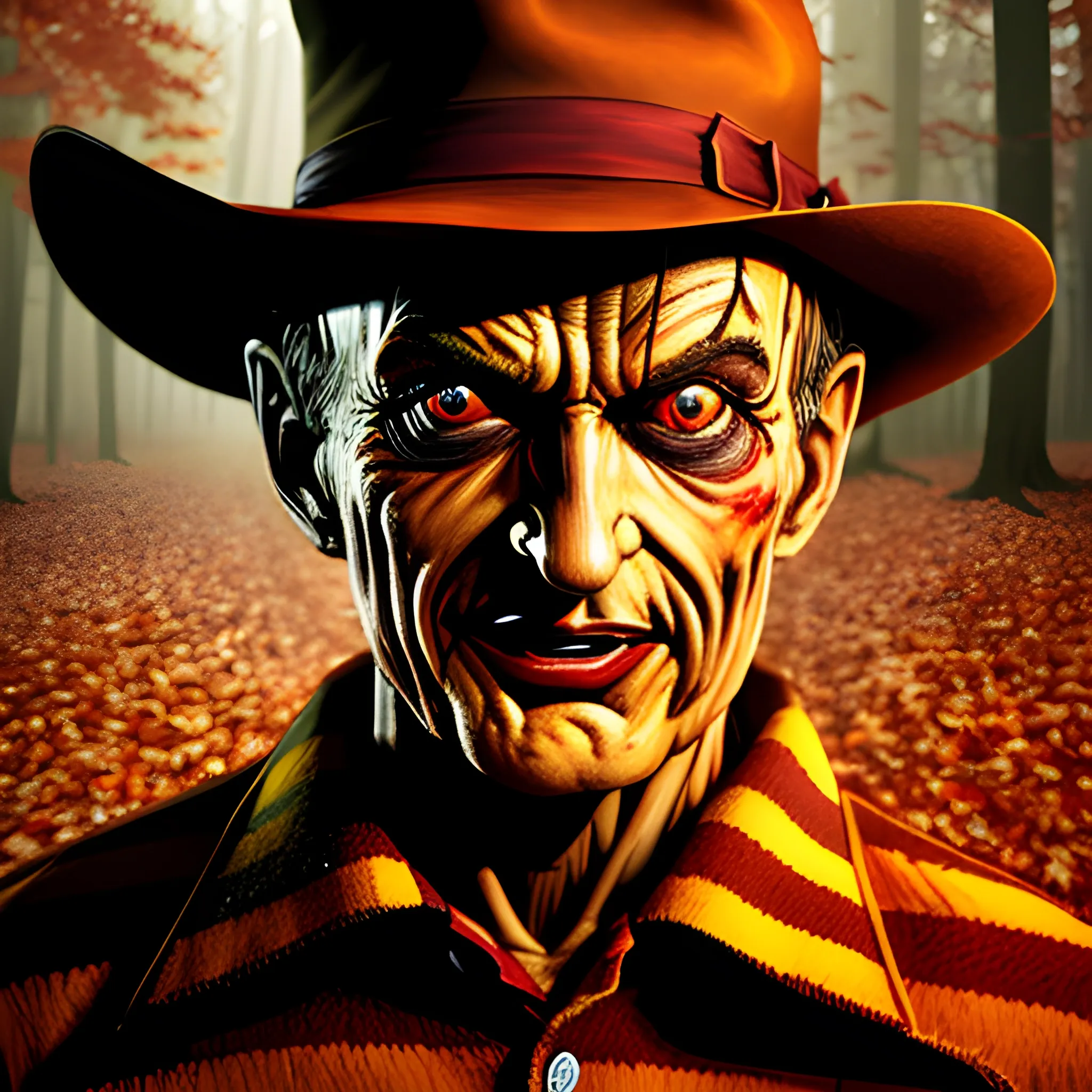 Freddy Krueger,movie character, falling autum leaves backbround ,horror, portrait,