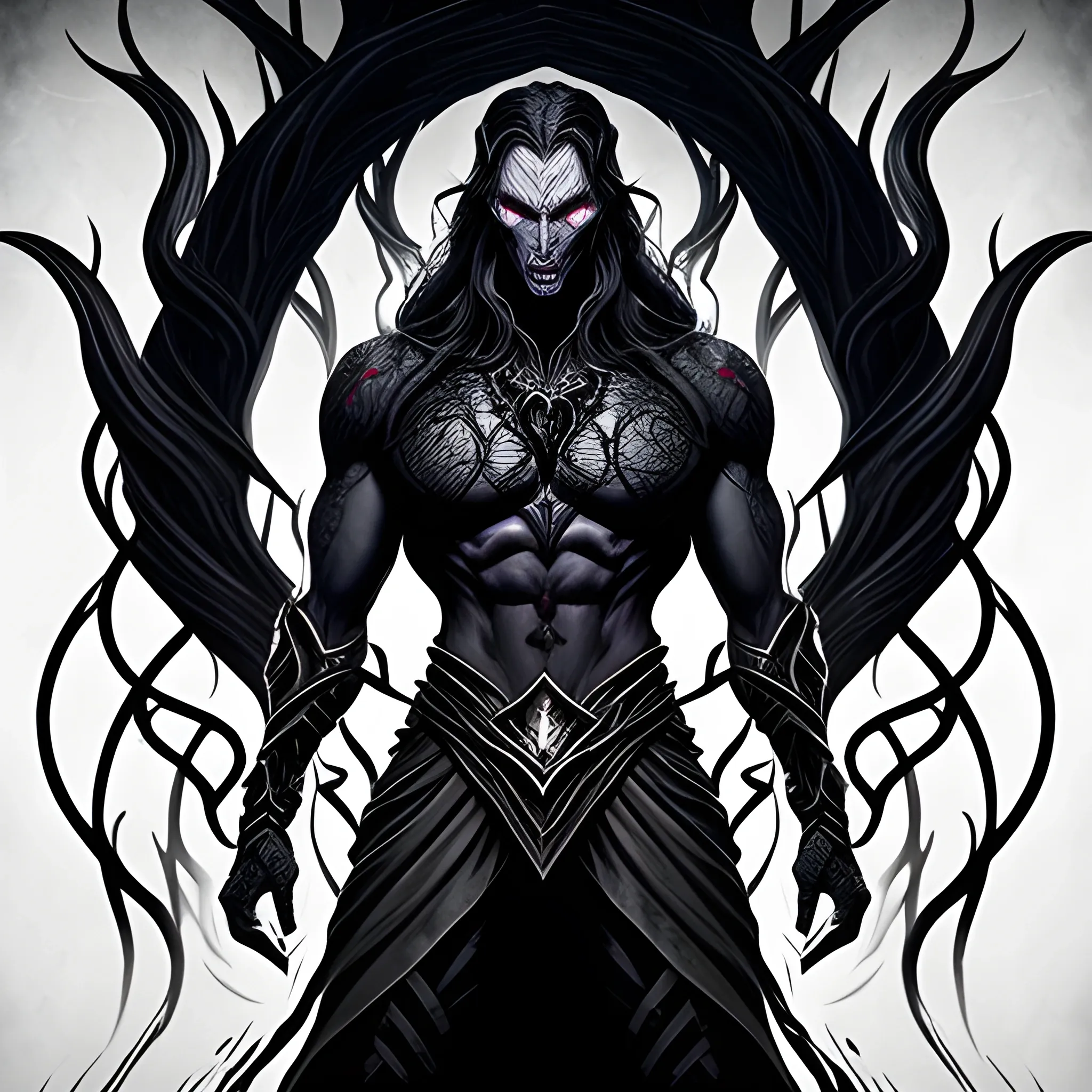 Syrak, known as the Shattered, is a towering old drow elf of about 6 feet 1 inch, his pale skin nearly translucent, accentuating the dark veins that course beneath it. The most arresting feature is his eyes, a piercing deep red that seems to glow with an unnatural light, a clear testament to the corruptive magic that has taken root within him.

His hair, long and dark, cascades down his shoulders in untamed tangles, appearing as if the shadows themselves are interwoven with it. The aura he exudes is one of calculated malevolence, his lips curled in a perpetual, almost imperceptible smile that mirrors his satisfaction with the power he's harnessed. The gaze from those eyes, however, betrays an intense ambition and a streak of cruelty, as though the depths of his darkness are hidden within.

Shadows seem to cling to Syrak, swirling around him like tendrils of dark smoke. They react to his emotions, undulating in a dynamic, almost sentient manner. This eerie phenomena only adds to his mystique, creating an ever-present aura of foreboding.

Though his attire is of secondary importance, he dons a dark tunic that seems to absorb light itself, its design etched with cryptic symbols and twisted patterns that pulse with a corrupt energy. His appearance overall paints a picture of someone who's lost their connection to the light, surrendering to a malevolent darkness that now defines them.