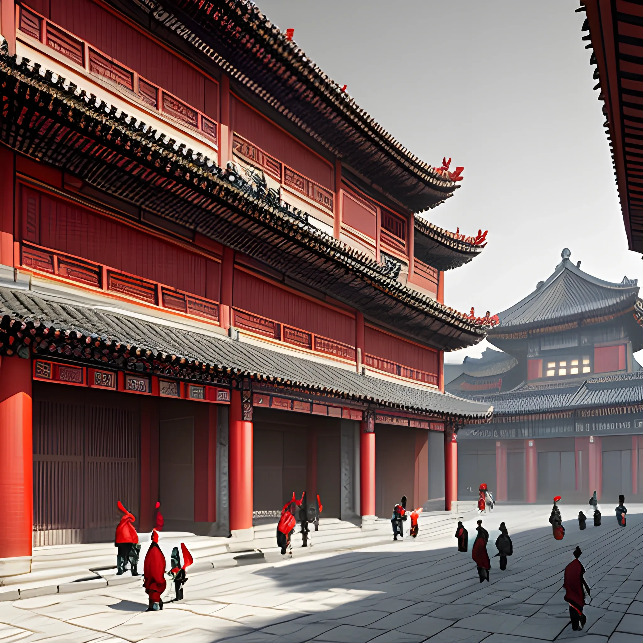 Ming dynasty urban style, Jinyiwei, classical realism, surreal animation, cityscape, mysticism, gray tones and red, 3D