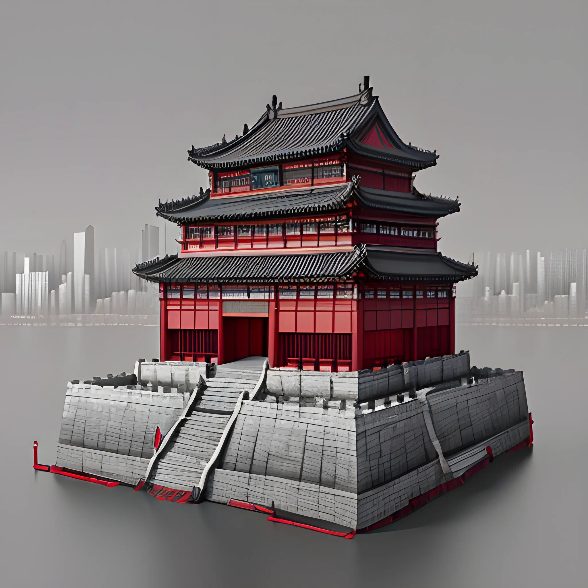 Ming dynasty urban style, Jinyiwei, classical realism, surreal animation, cityscape, mysticism, gray tones and red, 3D