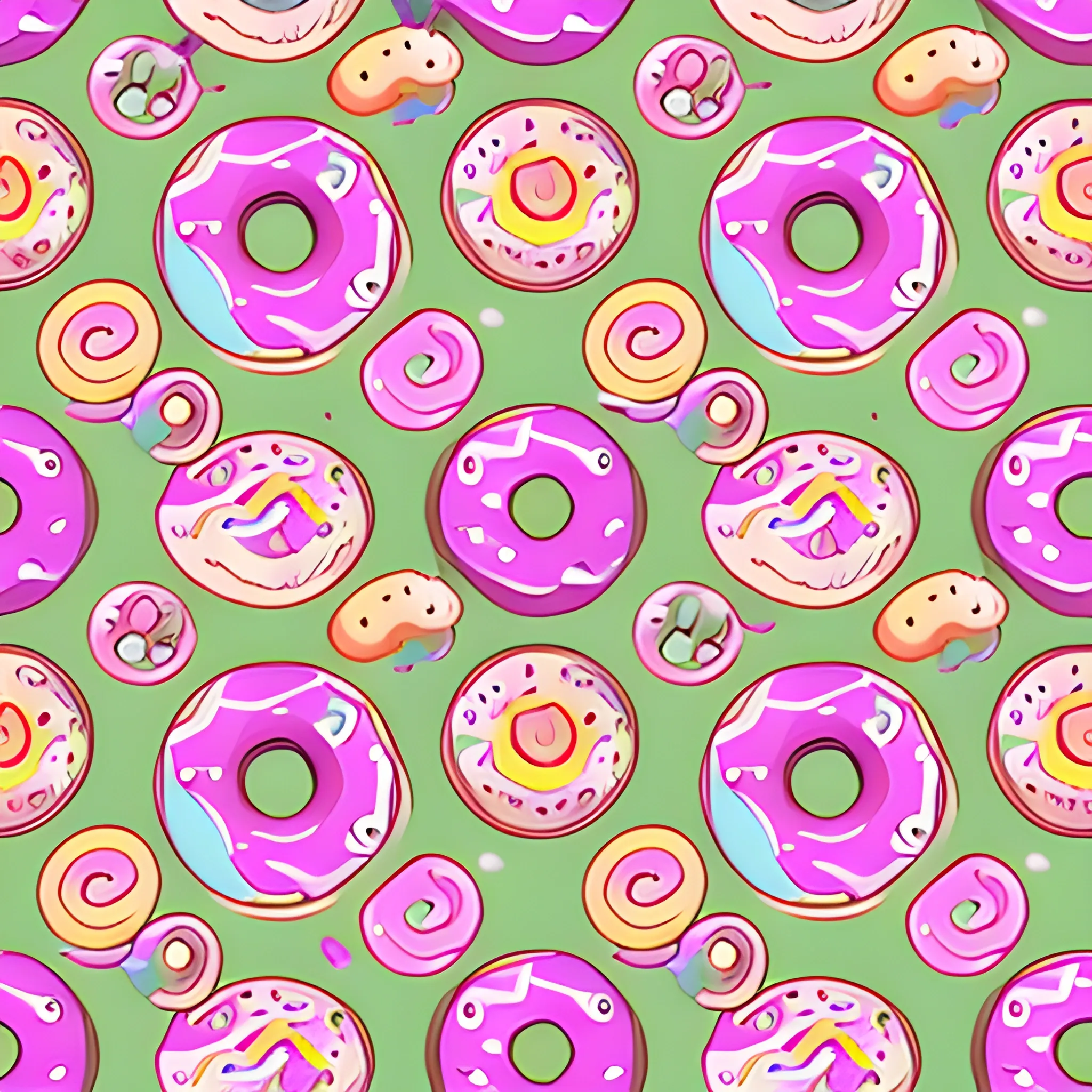 vector donuts pattern, vibrant colours, in the style of kawaii cartoon, highly detailed repeating pattern