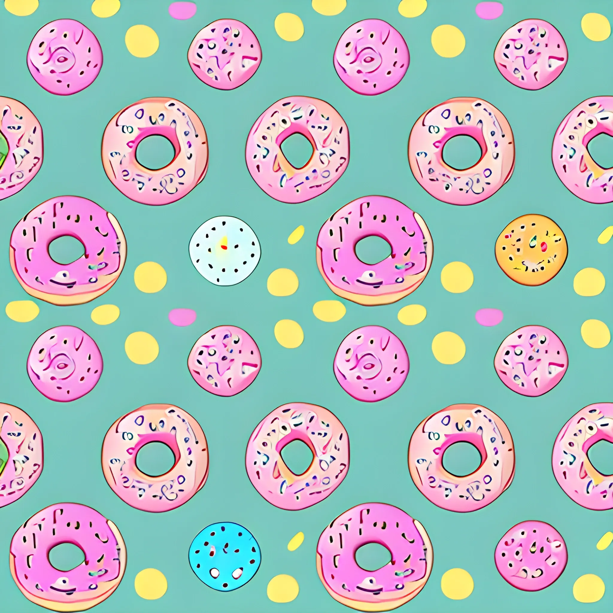 vector donuts pattern, vibrant colours, in the style of kawaii cartoon, highly detailed repeating pattern