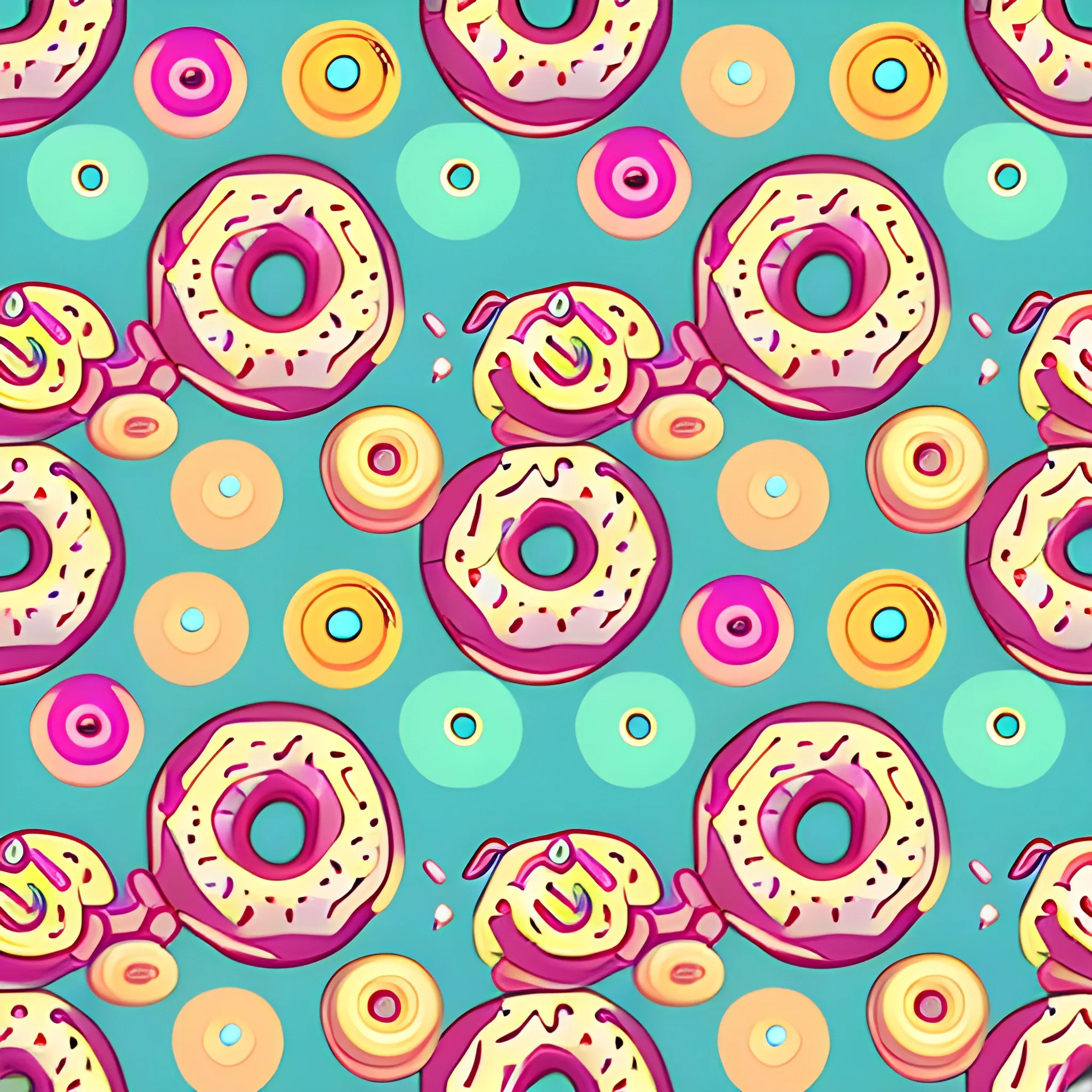 vector donuts pattern, vibrant colours, in the style of kawaii cartoon, highly detailed repeating pattern