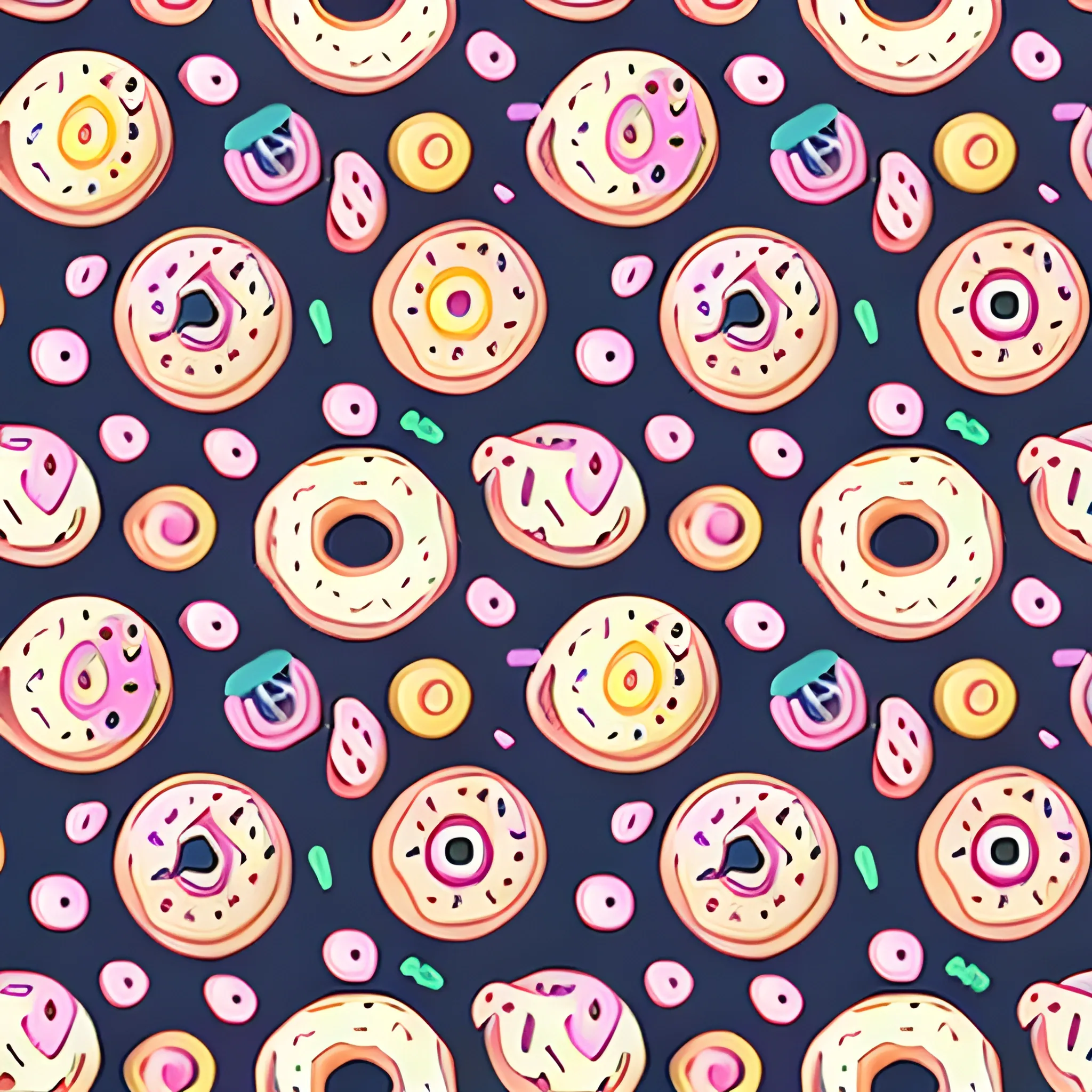 vector donuts pattern, vibrant colours, in the style of kawaii cartoon, highly detailed repeating pattern