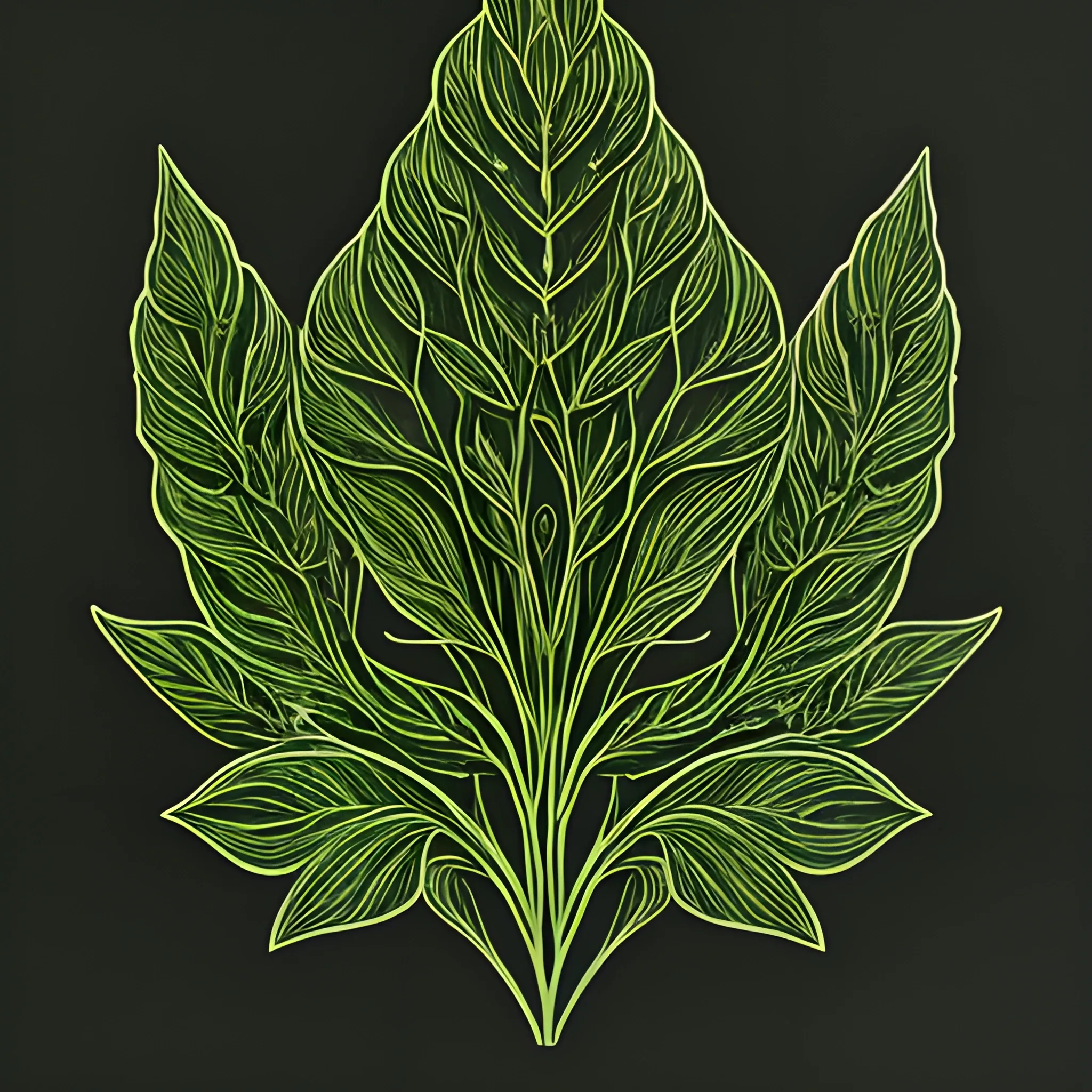Botanic illustration of leaves :: Black paper with intricate and vibrant green line work :: Black and green gothic illustration